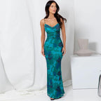 Women Vintage Spaghetti Strap Maxi Dress Sexy Low Cut Backless Floral Satin Slip Long Dress Y2K Cami Bodycon Dresses