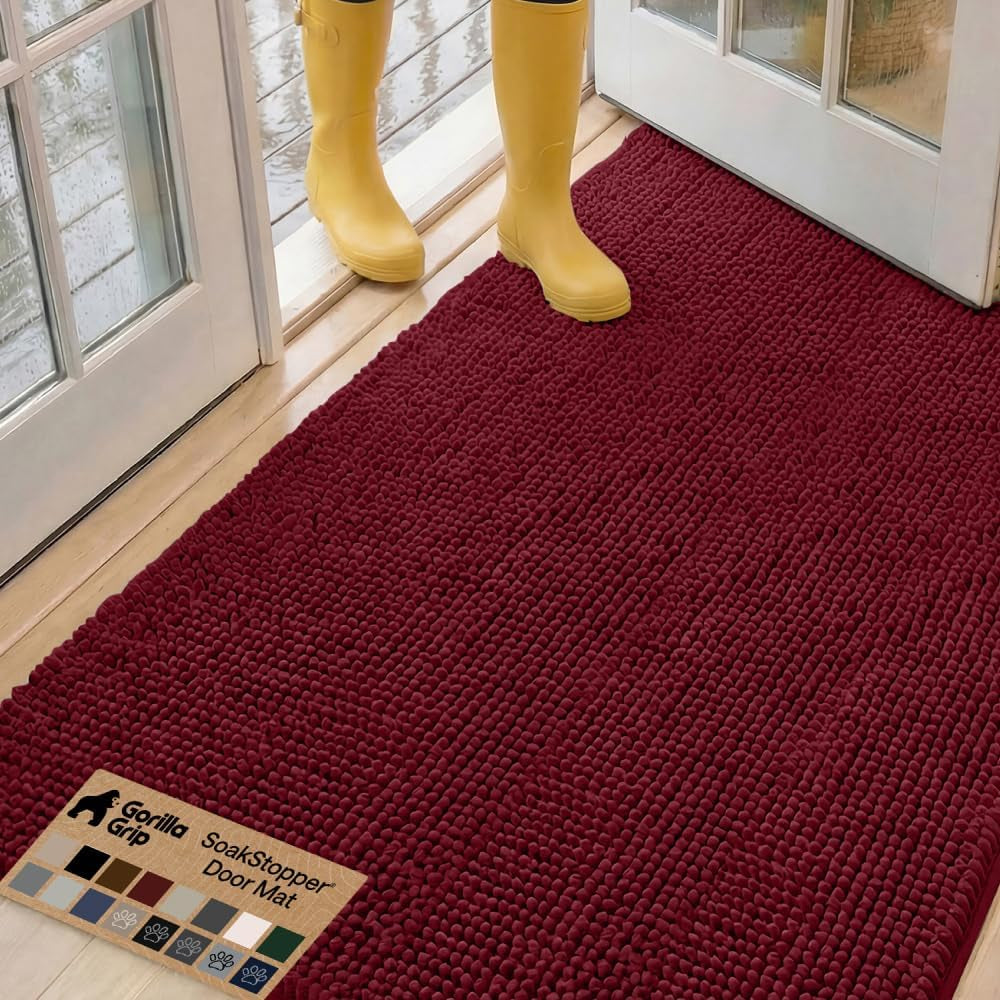 GORILLA GRIP Soakstopper Dog Door Mat, 60X36 Machine Washable Rug Absorbent Doormat Captures Moisture Mud Dirt, Quick Dry Soft Chenille Entryway Rugs Indoor Entrance Mats for Dog Paws, Burgundy