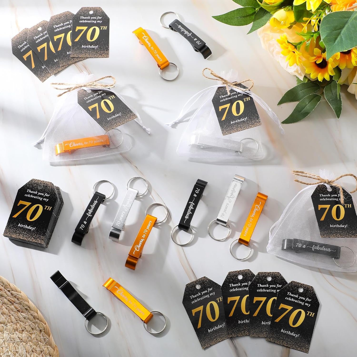 50 Sets 70Th Birthday Party Favors for Guests Include Birthday Beer Opener Keychain Cheers to 70 Bottle Opener Keychain with Thank You Cards and Gift Bag for Party Wedding Gifts
