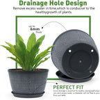 10 Inch Flower Pots Planters for Outdoor Indoor, 3 Pack Plastic Plant Pots with Drainage Hole & Tray, Modern Decorative Garden Pot with Saucer, Planters for House (Gray)