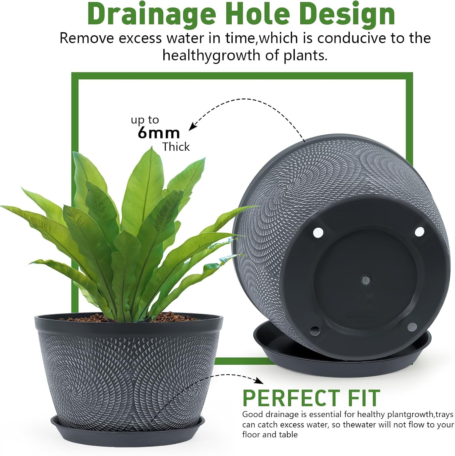10 Inch Flower Pots Planters for Outdoor Indoor, 3 Pack Plastic Plant Pots with Drainage Hole & Tray, Modern Decorative Garden Pot with Saucer, Planters for House (Gray)