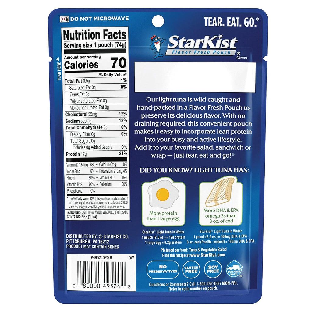Chunk Light Tuna in Water, 2.6 Oz Pouch (12 Pack) Ready to Eat Wild Caught Tuna, 17G Protein, 70 Calories per Serving, Gluten Free, Soy Free, Kosher, Perfect for Salads, Keto Meals and Snacks