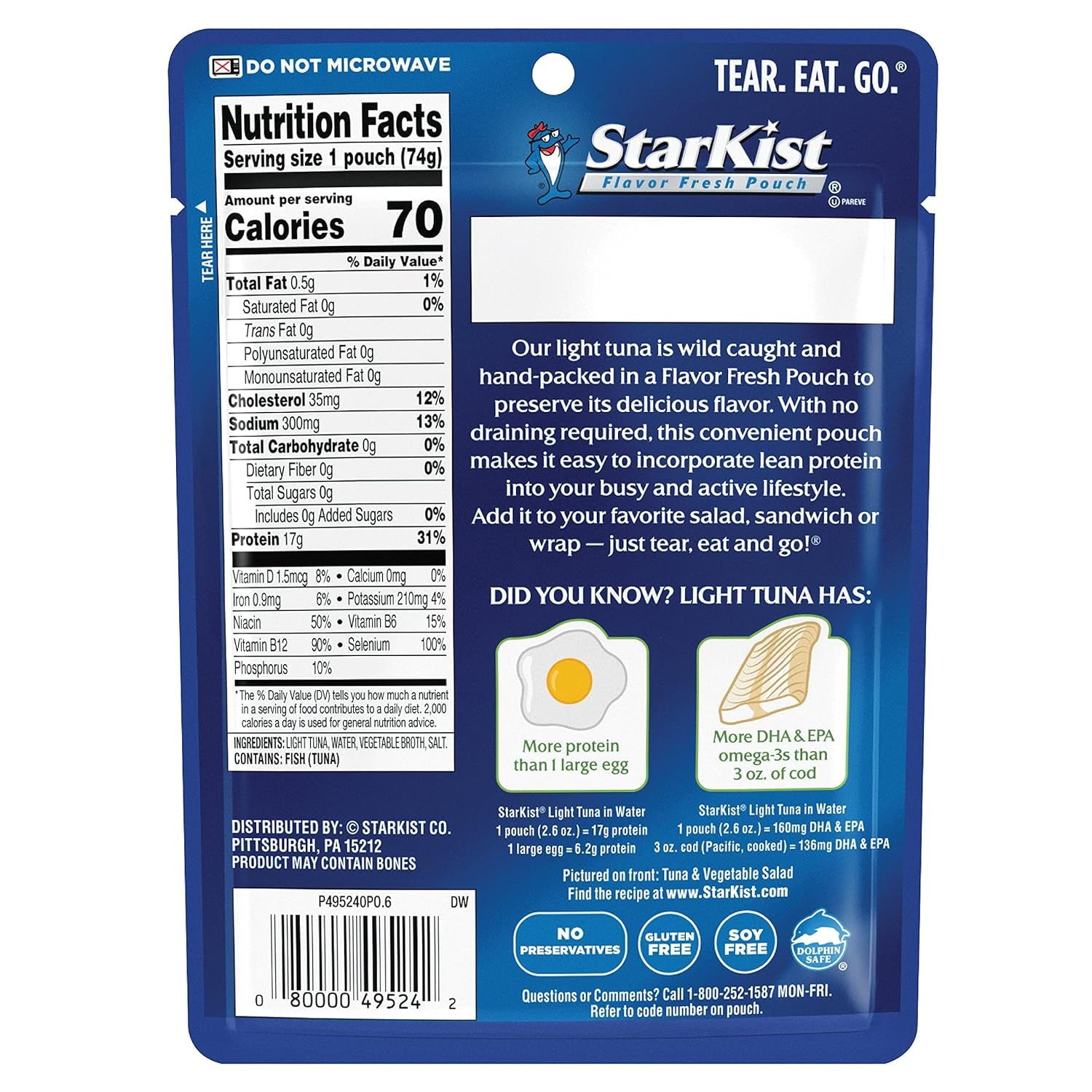 Chunk Light Tuna in Water, 2.6 Oz Pouch (12 Pack) Ready to Eat Wild Caught Tuna, 17G Protein, 70 Calories per Serving, Gluten Free, Soy Free, Kosher, Perfect for Salads, Keto Meals and Snacks