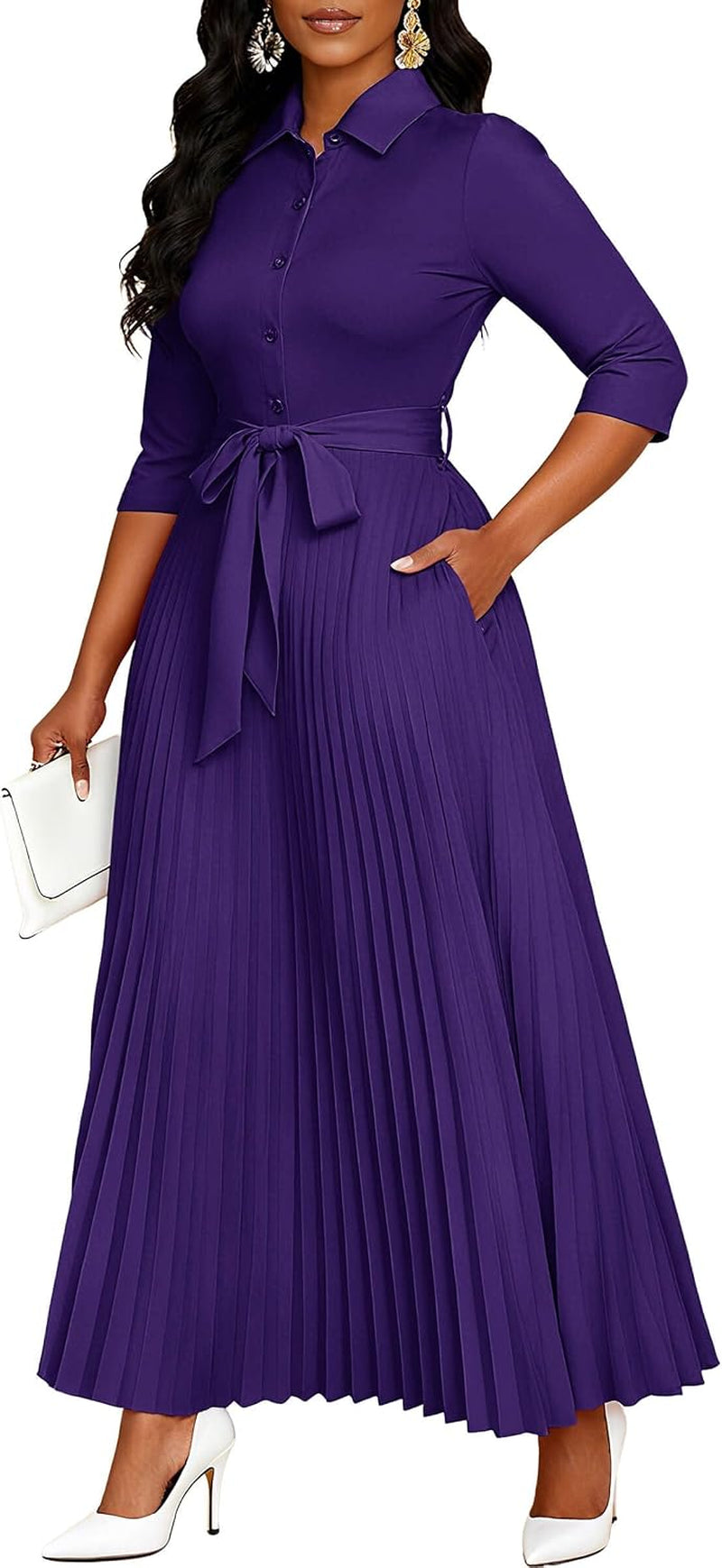 Womens Maxi Dress 3/4 Sleeve Button down Pleated Church Work Dress | Business Casual Lapel Neck Work Dress with Pockets/ Elegant Tie Waist Wedding Guest Dress with Belt/ Solid Color