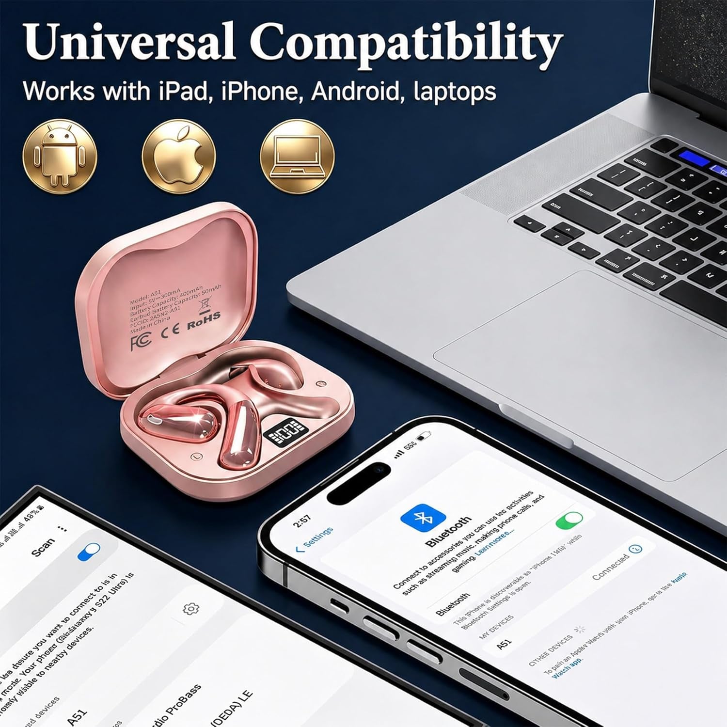 Open Ear Headphones, Wireless Headphones with Smart Digital Display & Mic, Open Ear Earbuds 35H Playtime, Sweat Resistant & Waterproof, Secure Comfortable Fit - Running, Sport, Daily (Rose Gold)