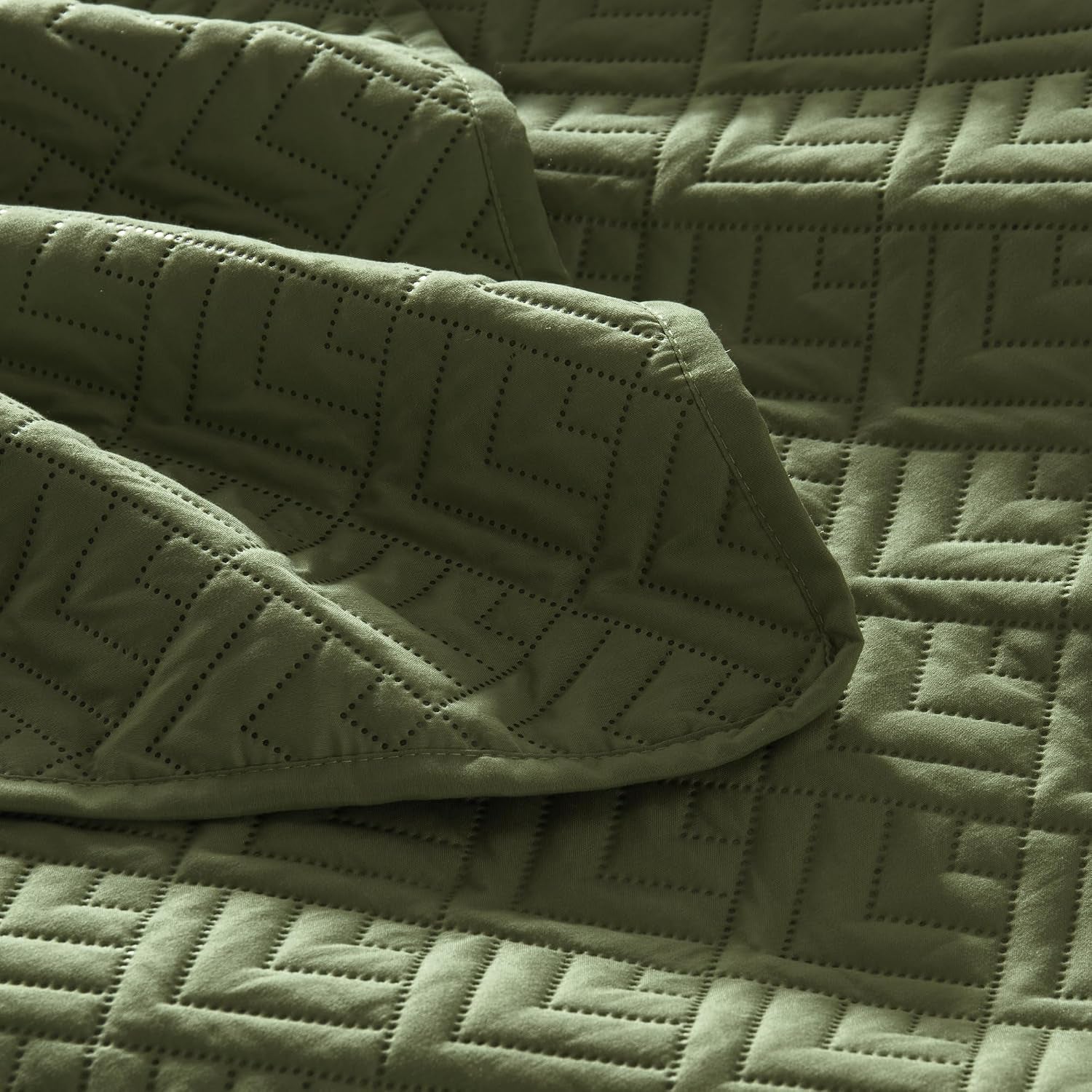 Quilt Set Queen Size Summer Squares Pattern Forest Green Bedspread | Bedding Set for All Season Use, Soft & Breathable Coverlet,3-Piece Set Includes 2 Shams, Machine Washable