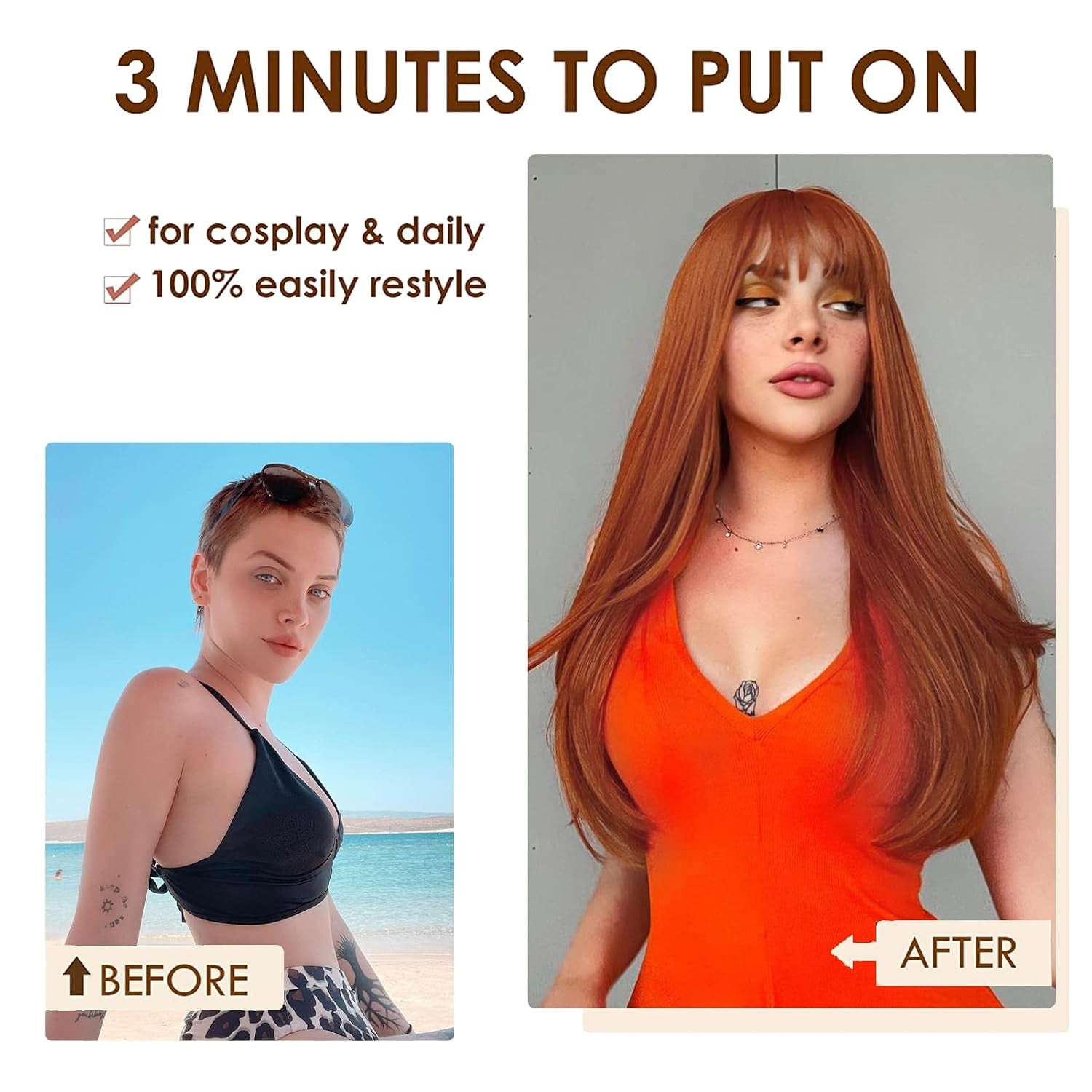 Auburn Wigs for Women Long Straight Wig with Bangs Reddish Brown Wig Colored Cosplay Wig Heat Resistant Synthetic Copper Red Wig for Daily Party Use 22 Inch