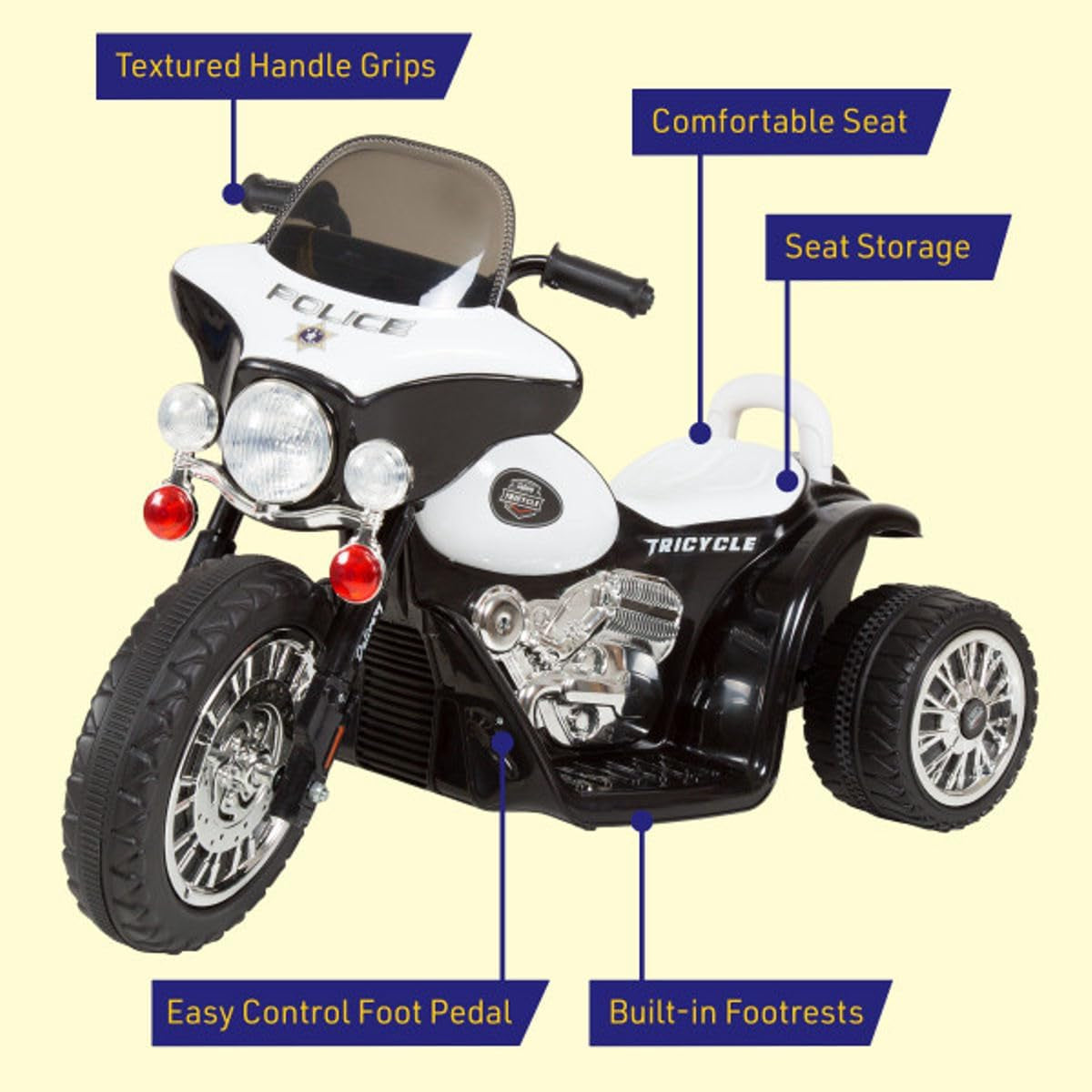 Kids Motorcycle - 3-Wheel Ride on Toy with Police Decals, Reverse, and Headlights - 6V Electric Motorcycle for Kids Ages 3 to 6 by  (Black)