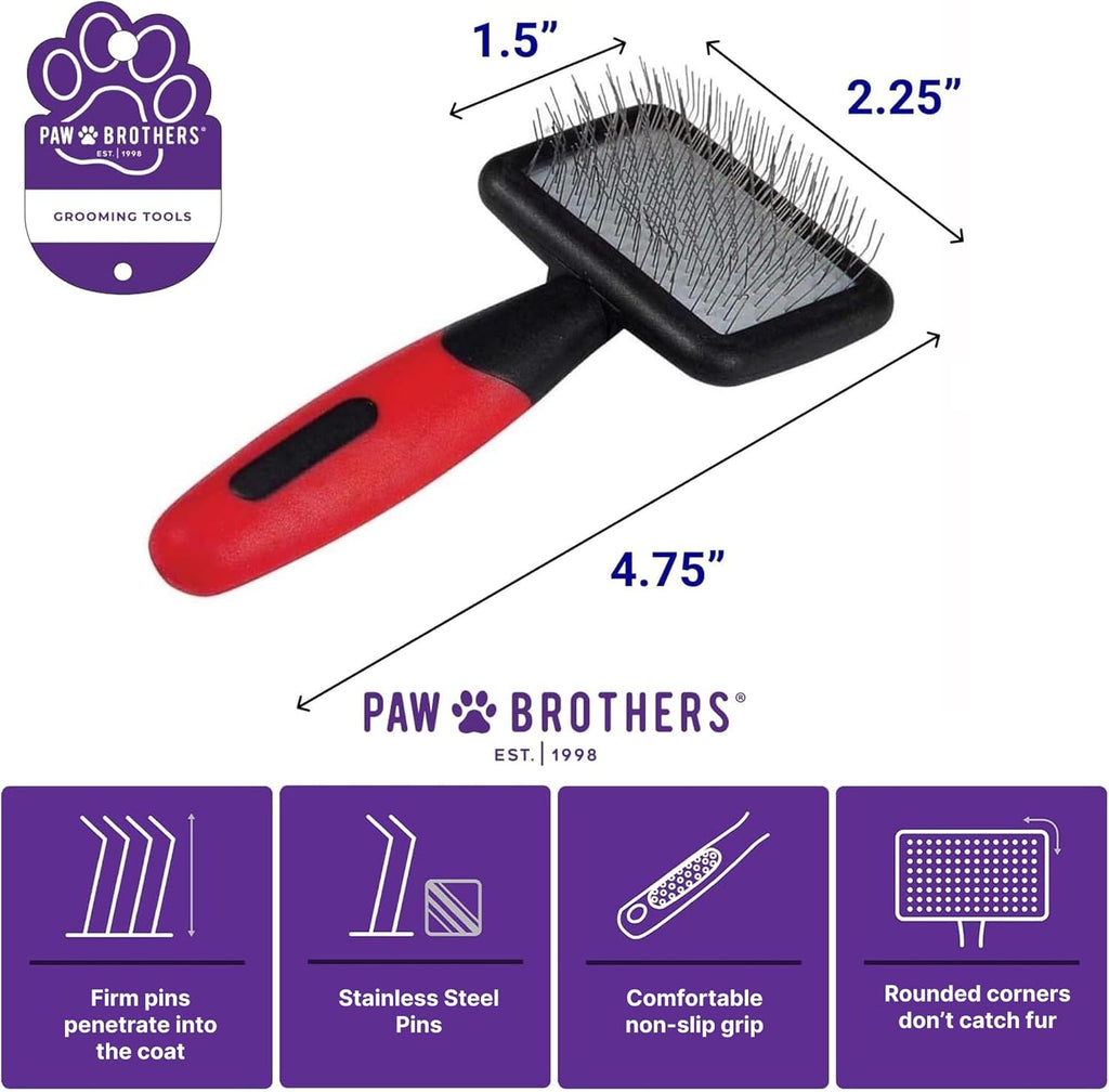 Paw Brothers Mini Pin Tiny Flat Slicker Brush for Dogs, Professional Grade, Stainless Steel Pins, Flexible Head, Comfort Grip, Mini Size, 4.75" X 2.25" X 1.5"