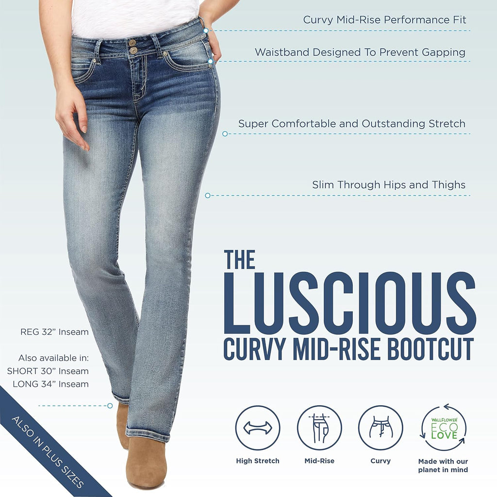 Luscious Curvy Bootcut Jeans for Women, Mid-Rise Insta Stretch Denim, Size-Inclusive Juniors Jeans