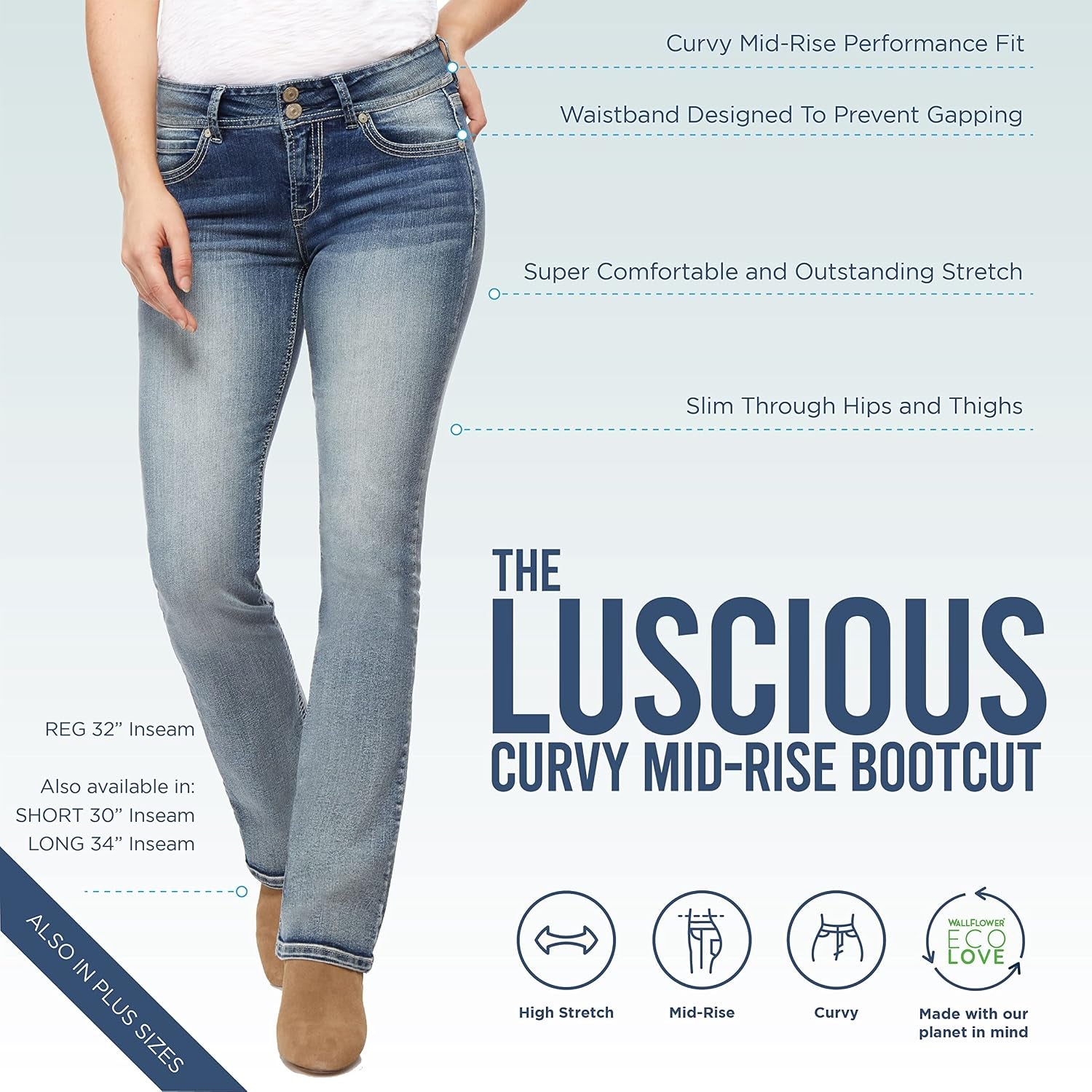 Luscious Curvy Bootcut Jeans for Women, Mid-Rise Insta Stretch Denim, Size-Inclusive Juniors Jeans