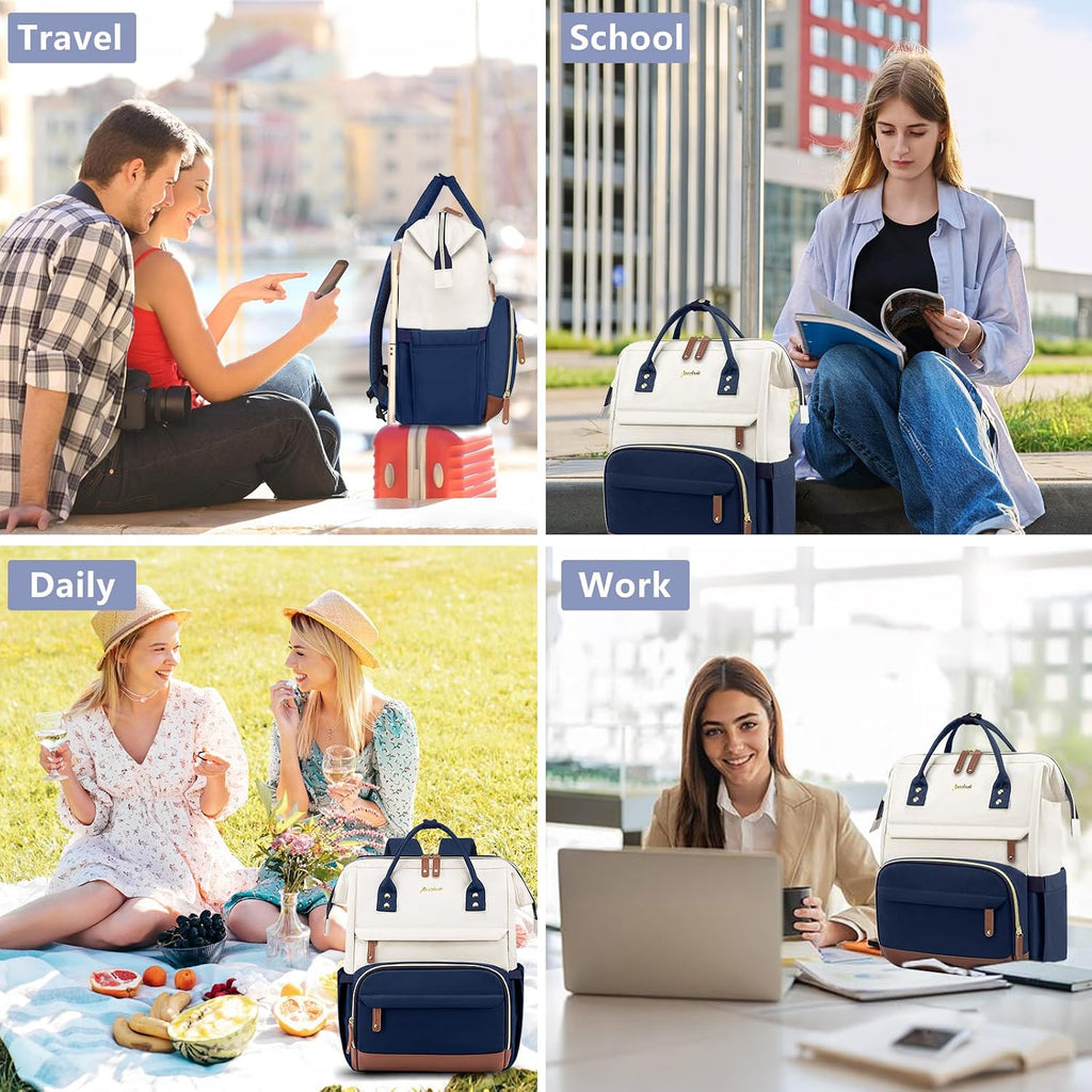 Laptop Backpack for Womem Work Bags: 17.3 Inch Travel Backpacks with USB Charging Port anti Theft Fashion College Bookbag Durable Back Pack Purse Bussiness Daypack for Nurse Teacher Navy Beige