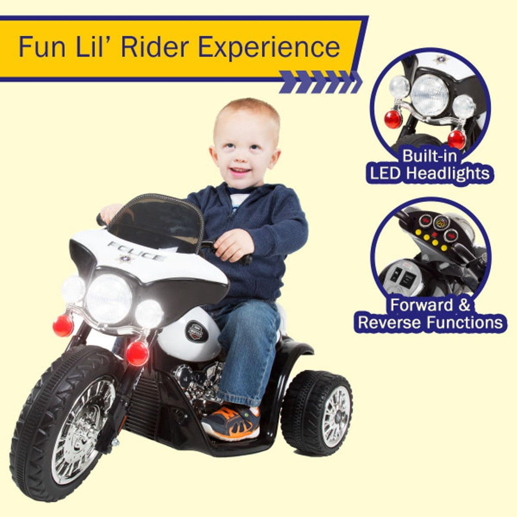 Kids Motorcycle - 3-Wheel Ride on Toy with Police Decals, Reverse, and Headlights - 6V Electric Motorcycle for Kids Ages 3 to 6 by  (Black)