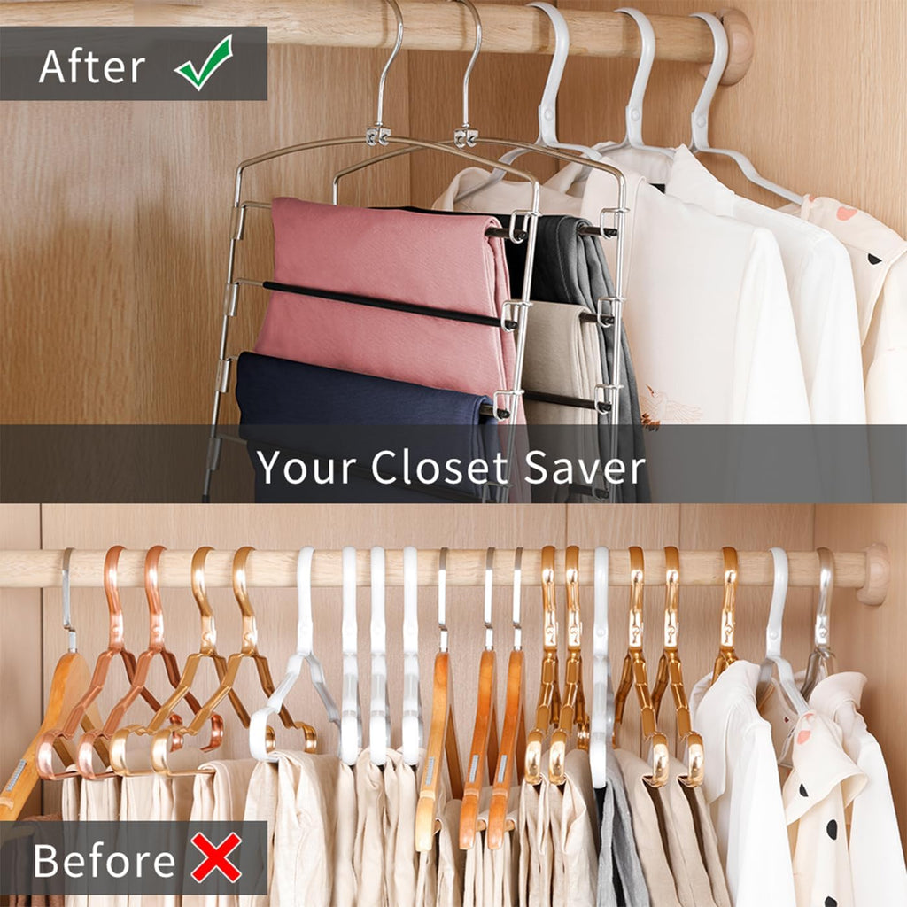 Pants Hangers Non Slip 3 Pack Space Saving Hangers Multi-Layer Swing Arm Pants Hanger Stainless Steel Space Saver Hanger Closet Storage Organizer for Jeans Trouser Slacks Clothes (Black)