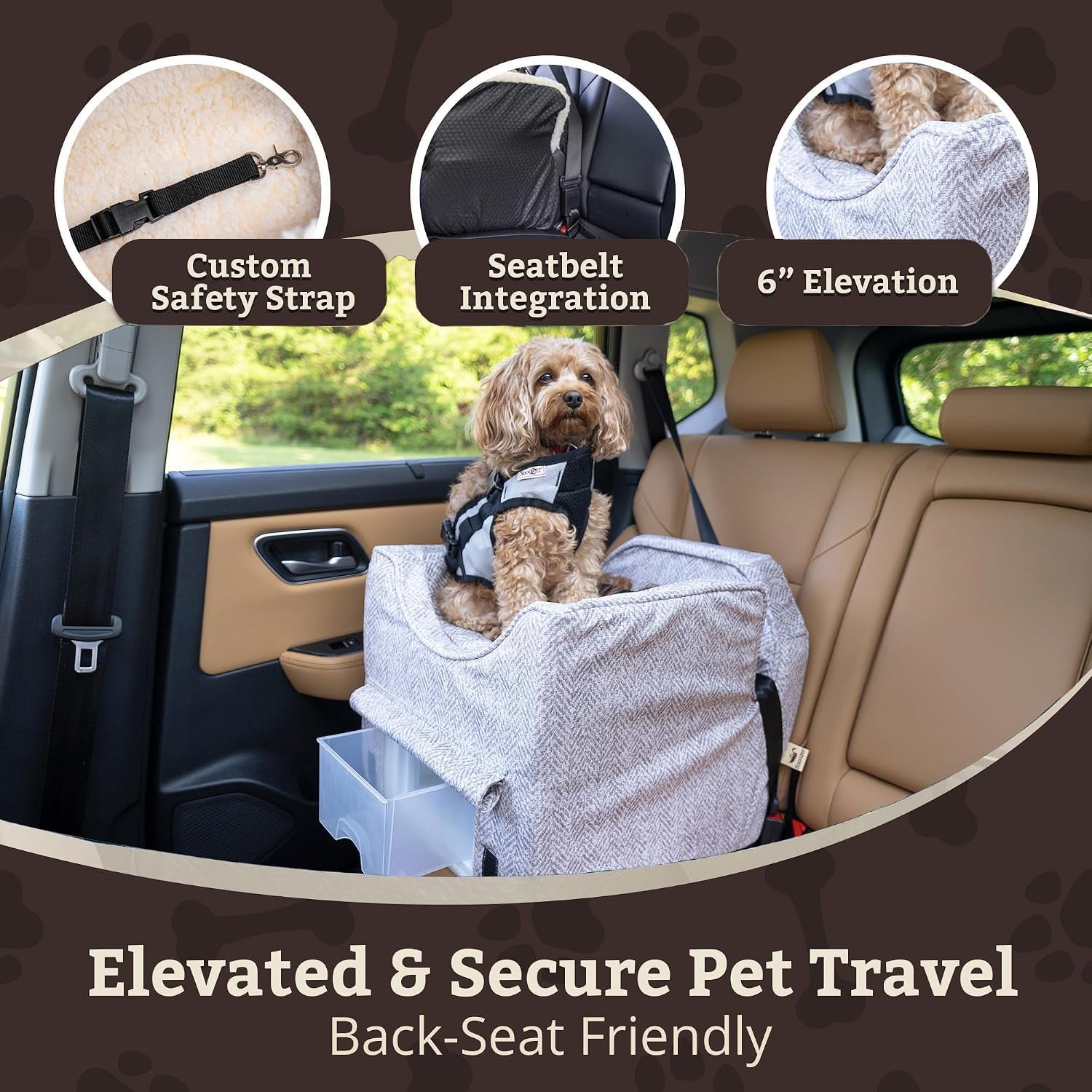 Dog Car Seat for Dogs up to 18Lbs, Lookout II, Palmer Dove (S) | Dog Booster Car Seat with Storage Tray, Elevated View Helps Alleviate Travel Sickness & Fear, Removable Washable Cover