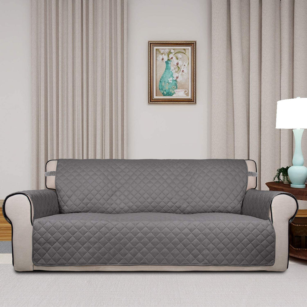 Reversible Quilted Sofa Cover, Water Resistant Slipcover Furniture Protector, Washable Couch Cover with Non Slip and Elastic Straps for Kids, Dogs, Pets (Sofa, Gray/Light Gray)