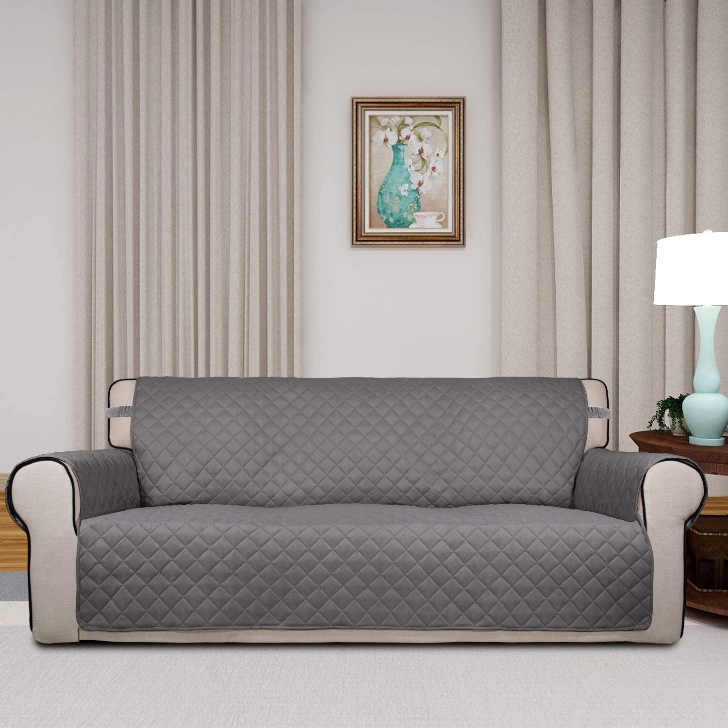 Reversible Quilted Sofa Cover, Water Resistant Slipcover Furniture Protector, Washable Couch Cover with Non Slip and Elastic Straps for Kids, Dogs, Pets (Sofa, Gray/Light Gray)