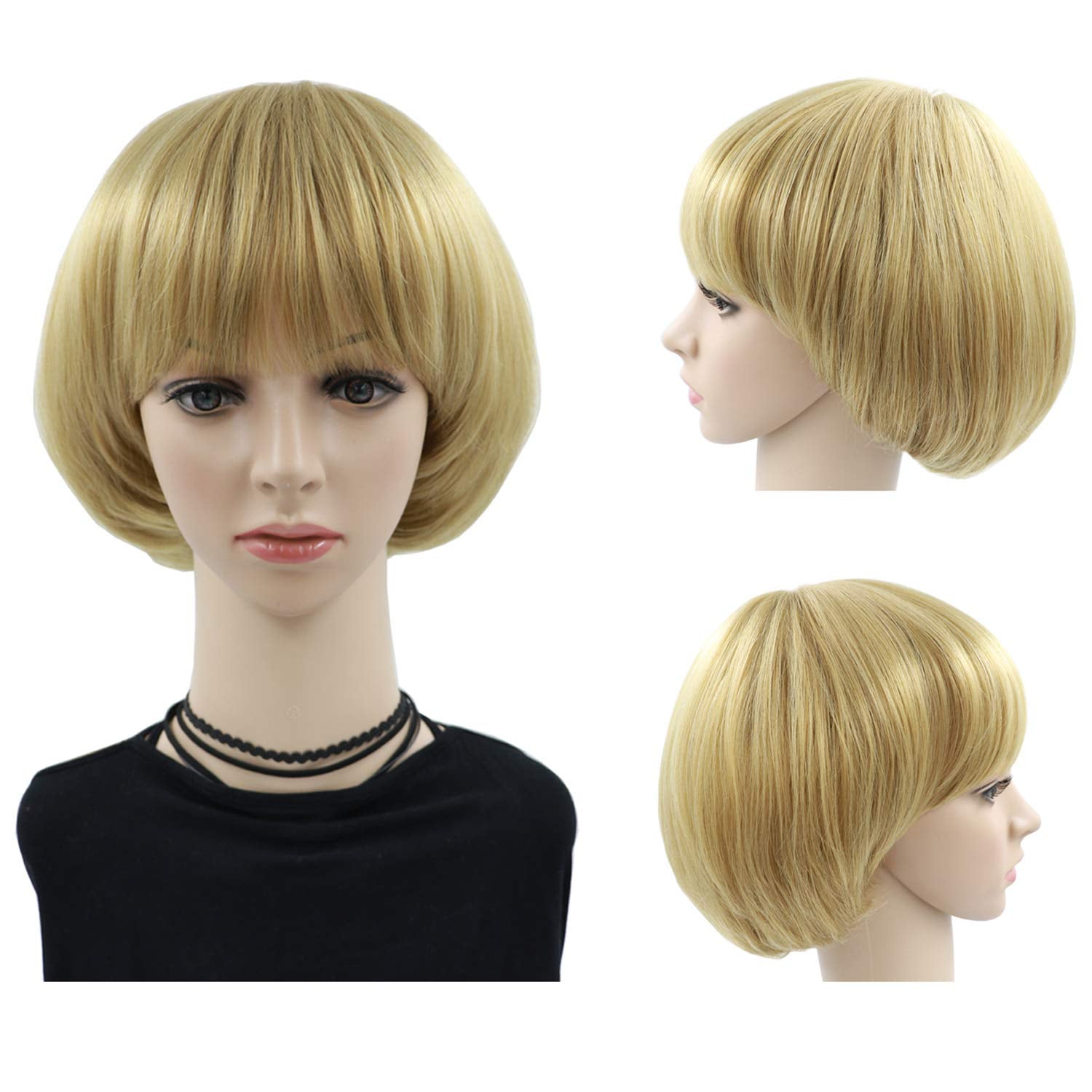 Girls Golden Mushroom Wig Short Bob Wig with Bangs Blonde Bowl Cut Wig Cap for Women