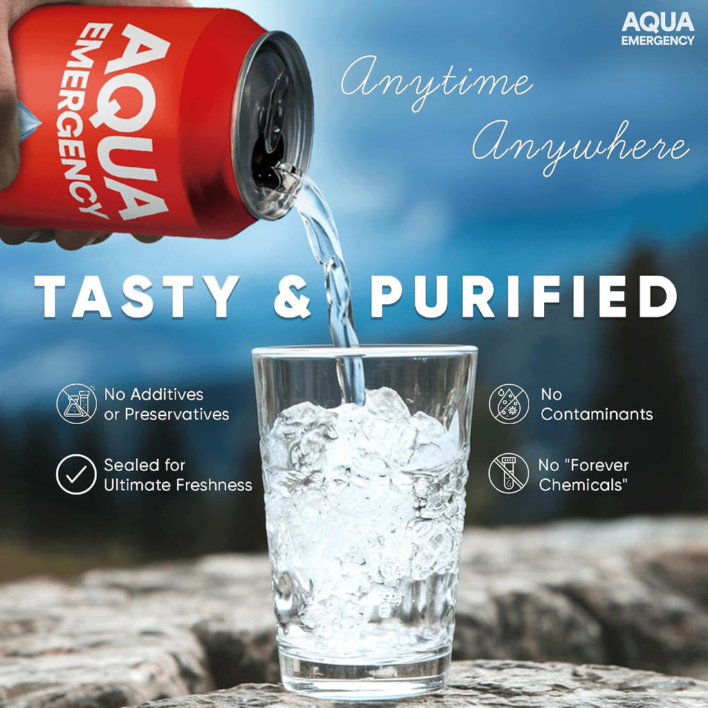 Drinking Canned Water- (24 Cans) 12 Fl Oz (50 Years) Shelf Life for Everyday Hydration, Emergency, Survival Use-Purified via Reverse Osmosis | Plant-Based, BPA Free, Eco-Friendly Packaging, Made in USA-1 Case