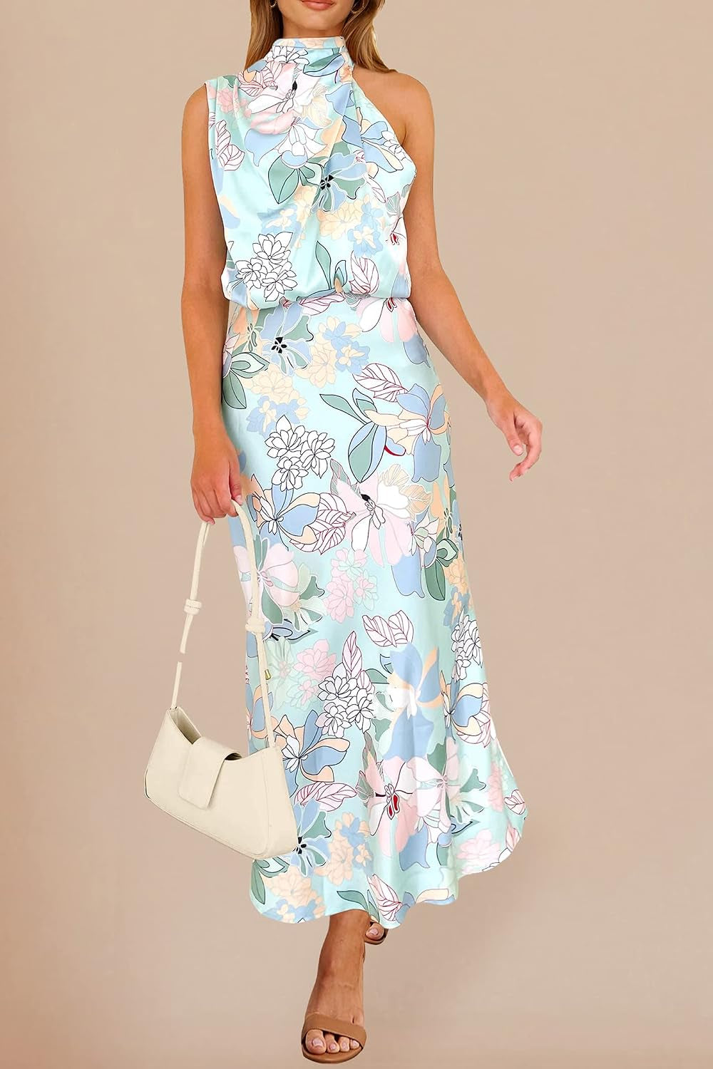 Women'S 2026 Summer Satin Dress Elegant Sleeveless Mock Neck Cocktail Party Maxi Dresses