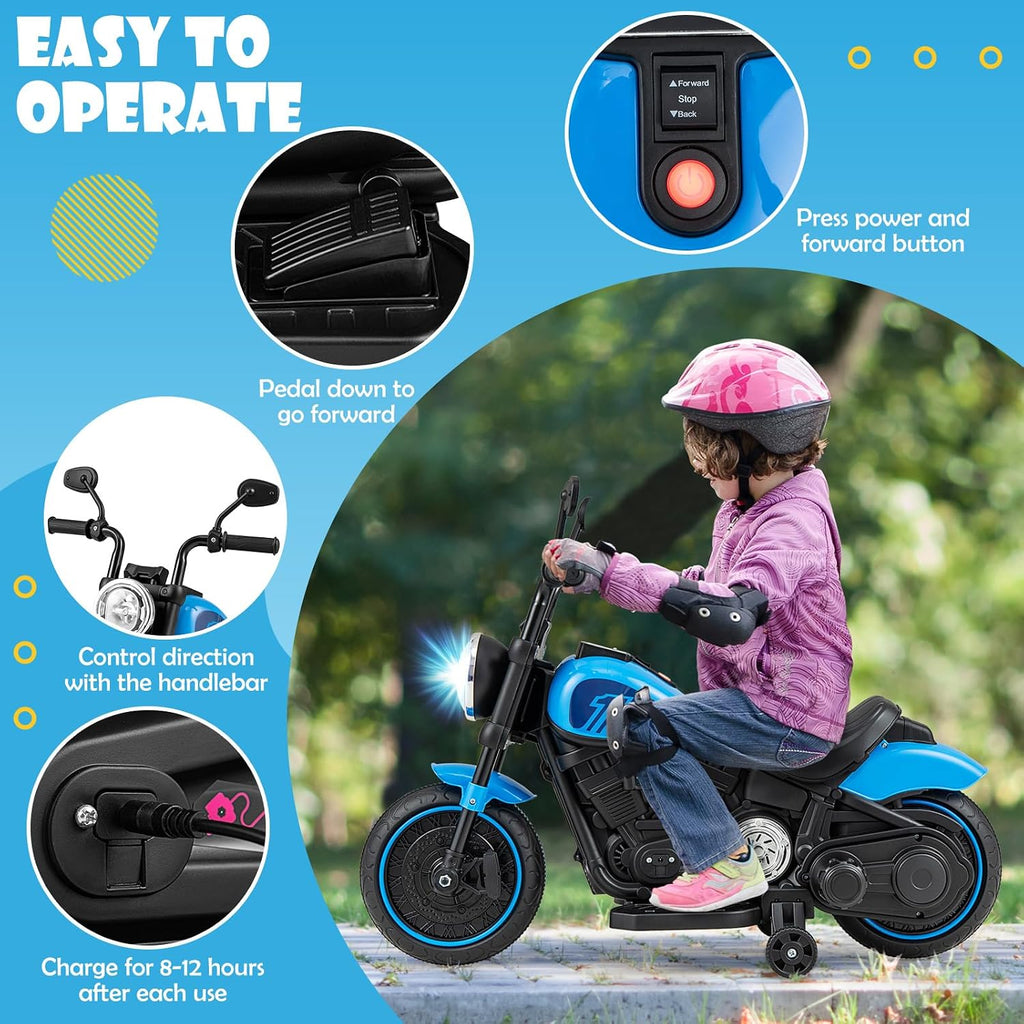 Ride on Motorcycle, 6V Toddler Motorcycle with LED Light, Music, Foot Pedal, Forward/Backward, Soft Start, 3-Wheel Battery Powered Electric Motorcycle for Kids, Gift for Boys Girls (Blue)