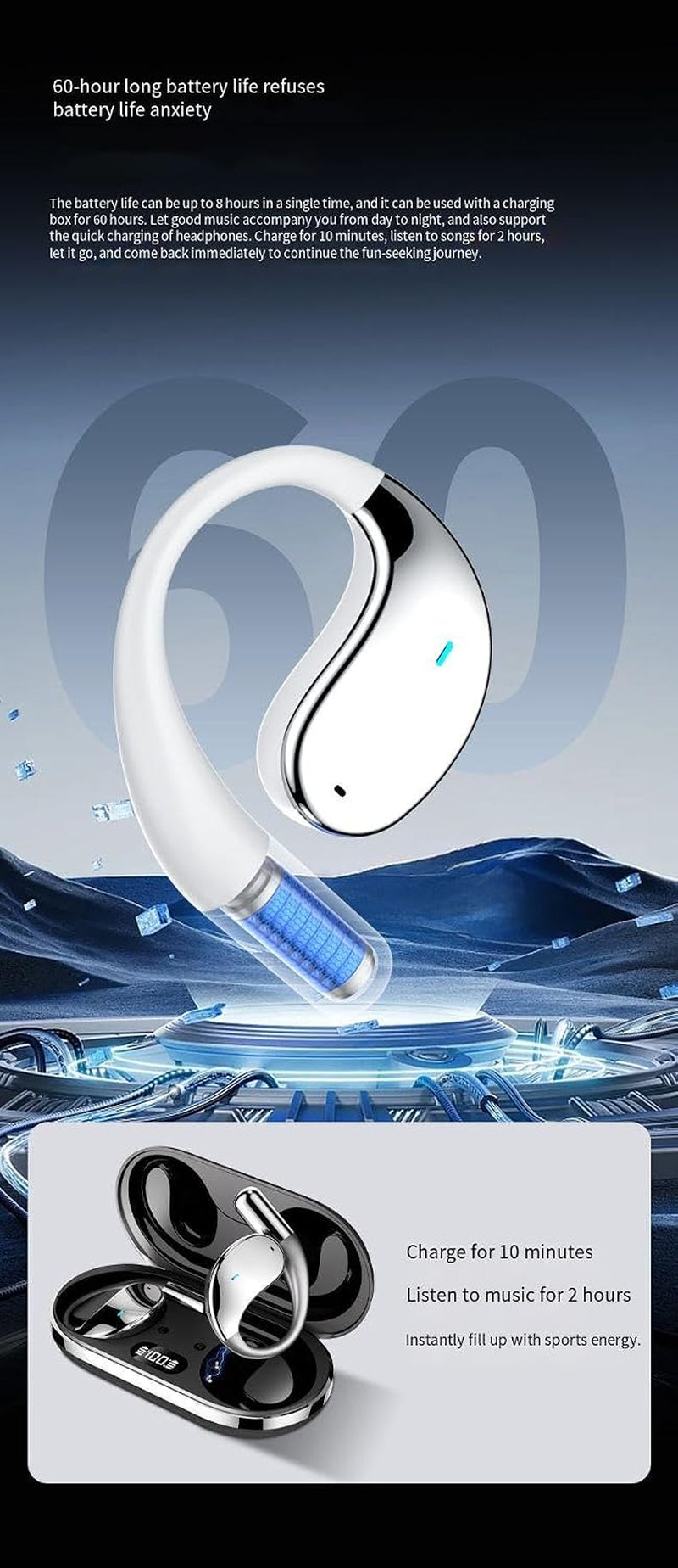 Open Ear Headphones Wireless Bluetooth 5.4 Wireless Sports Earbuds with AI Smart Translation Bluetooth Headset,Enc Call Noise Cancellation IPX5 Waterproof for Sports,Driving,60 Hours Playtime,Black
