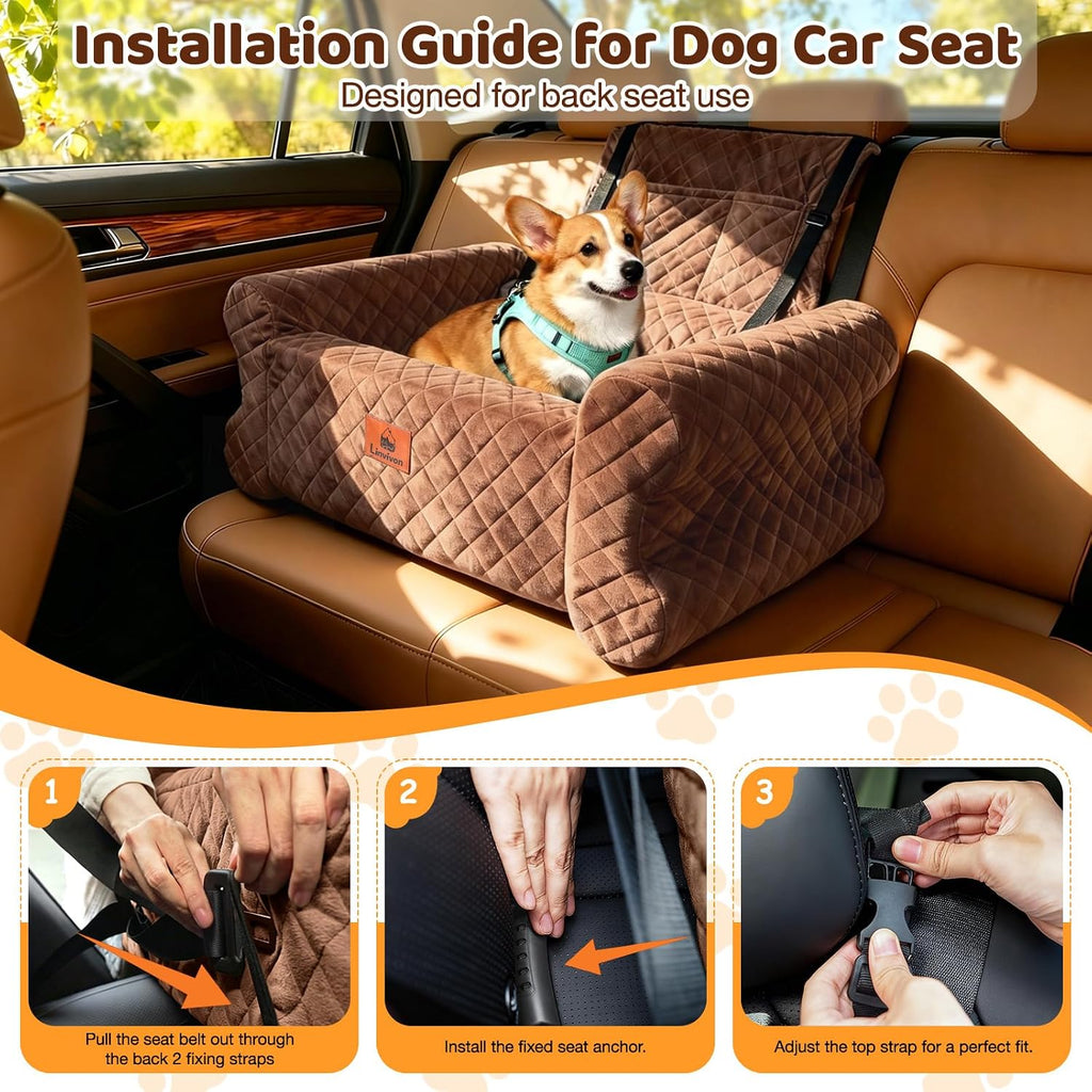 Dog Car Seat for Medium/Large Dogs up to 60LBS Memory Foam Dog Booster Seat | with Thick Cushion, Pet Car Seat for Back with Detachable Washable Cover, Storage Pockets for SUV, Pick Up, Trunk, Brown
