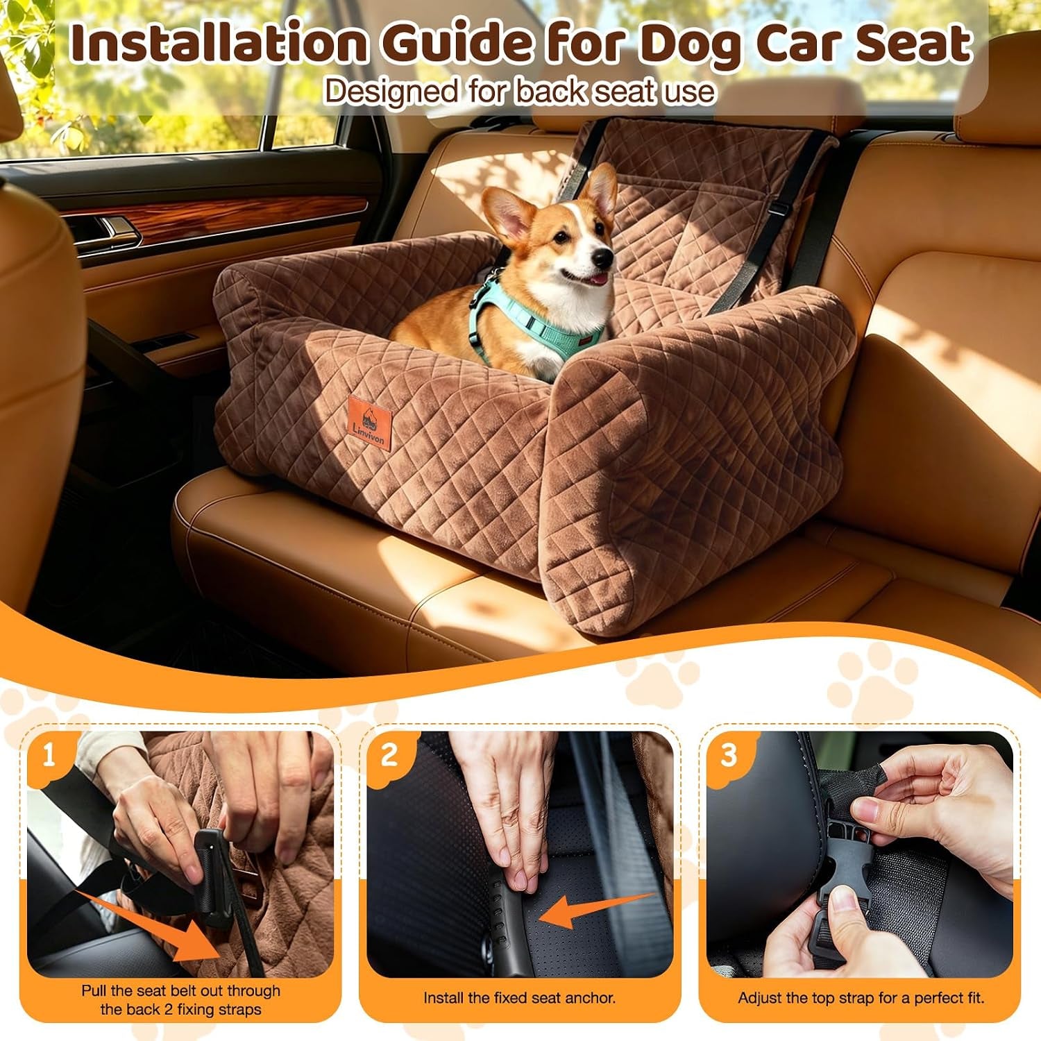 Dog Car Seat for Medium/Large Dogs up to 60LBS Memory Foam Dog Booster Seat | with Thick Cushion, Pet Car Seat for Back with Detachable Washable Cover, Storage Pockets for SUV, Pick Up, Trunk, Brown