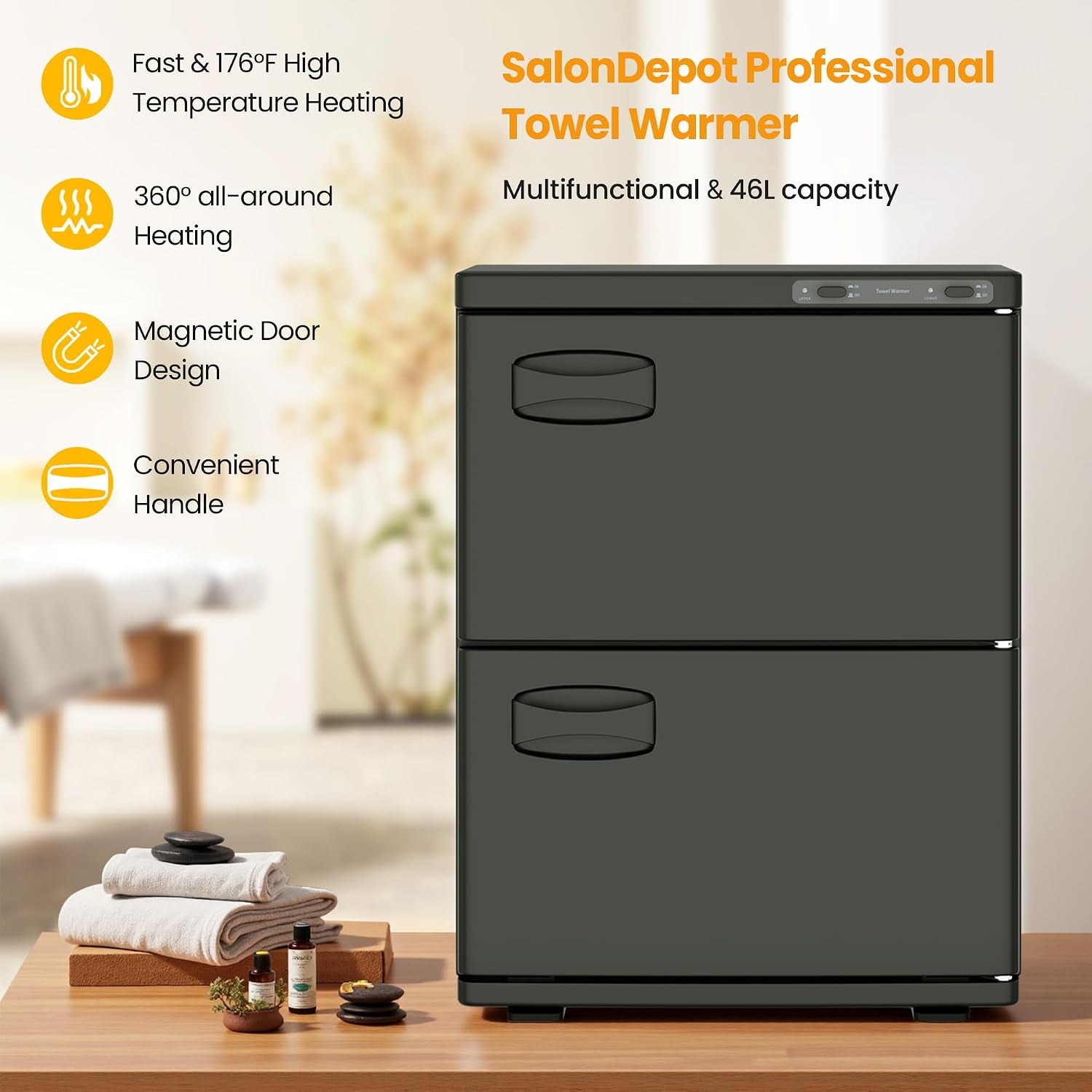 Hot Towel Warmer  46L Large Capacity Spa Towel Warmer with Double Cabinets for Salon, Barber Shop, Massage & Facial (Black)
