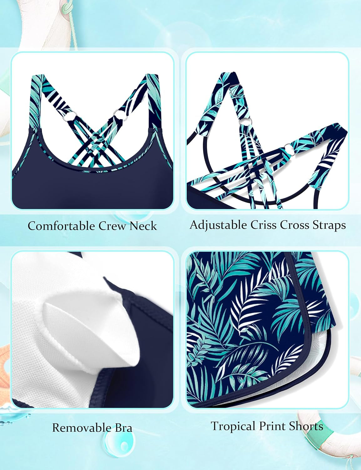 Girls Swimsuit 3 Piece Bathing Suits for Girls Tankini Sets with Print Shorts Crossback Teen Girl Swimwear 9-16Y