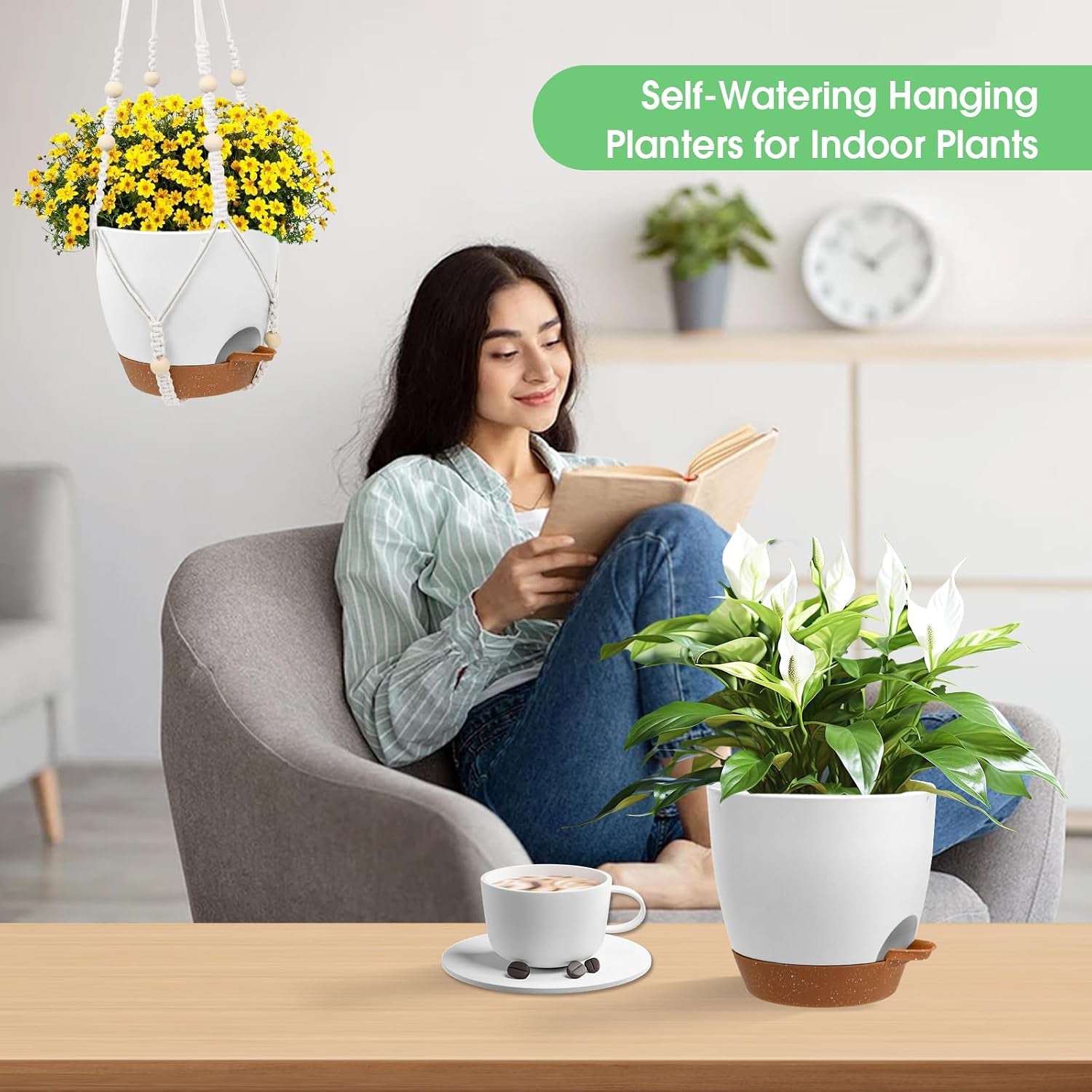8'' Self Watering Hanging Planters with 2 Kinds of Plant Hangers,2 Pack | Hanging Planters for Indoor Outdoor Plants, Drainage Holes, Removable Tray, Hanging Basket for Home Garden
