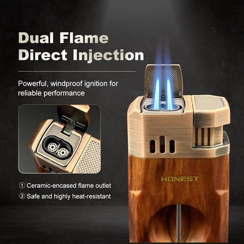 All-In-One Windproof Outdoor Lighter with Dual Jet Flame Built-In Cutter, Butane Refillable and Flames Adjustable, Visible Gas Tank, Portable for Travel, Candle Lovers, Box Included