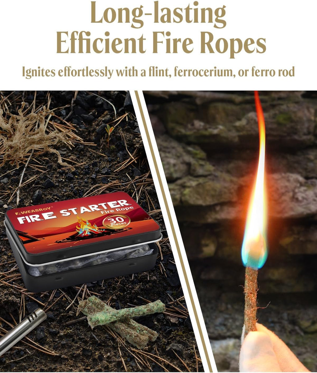 Fire Rope Blue Flame(30-Pack) Windproof Fire Starter, Long-Lasting, Bright Blue Flame Survival Fire Starters - Fast Igniting Fire Rope for Camping