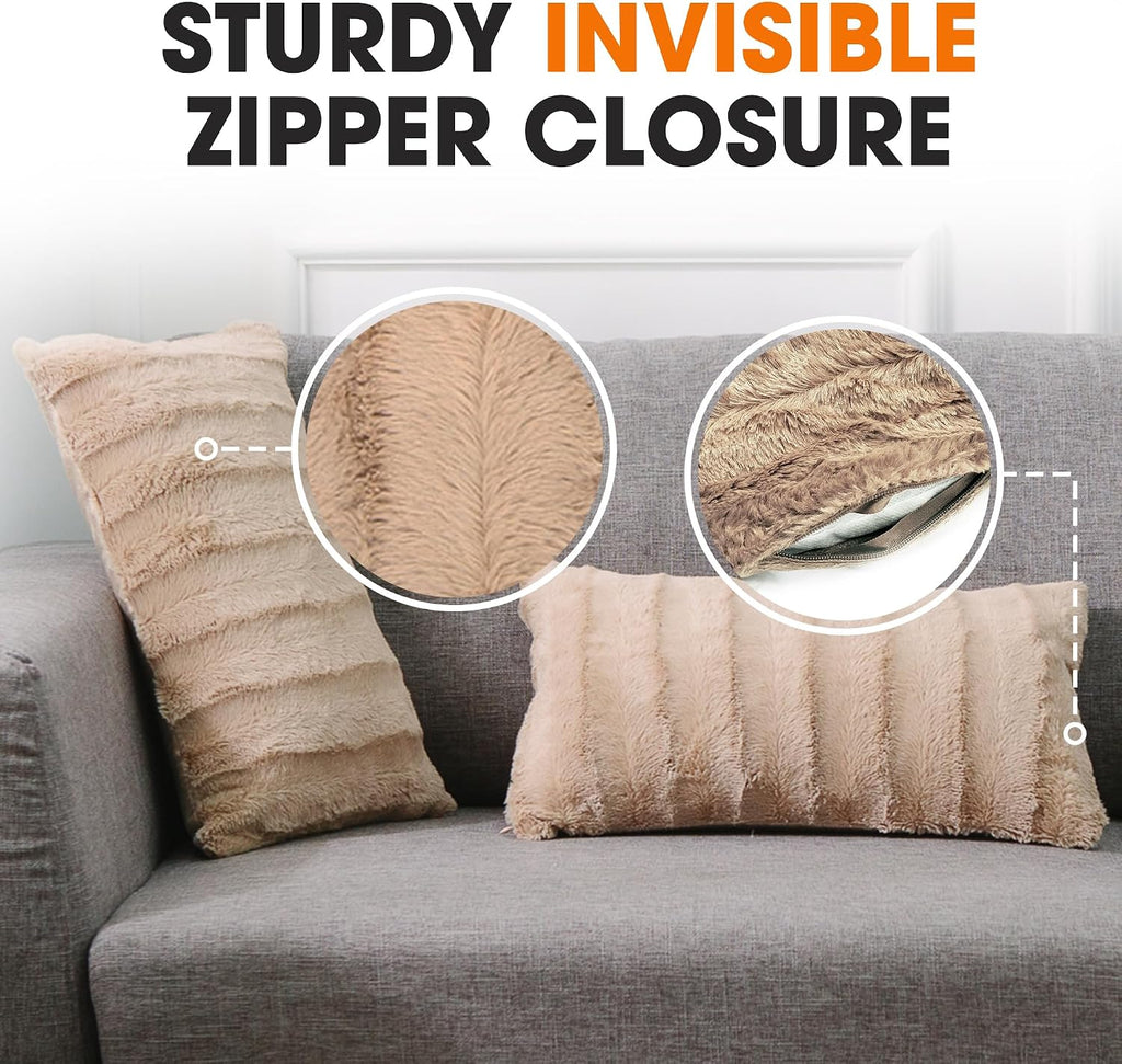 Faux Fur Throw Pillows - Decorative Pillows for Couch, Bed Throw Pillows, Sand Accent Pillows for Bedroom or Living Room Aesthetic, Set of 2 Furry Throw Pillows, 12" X 20"