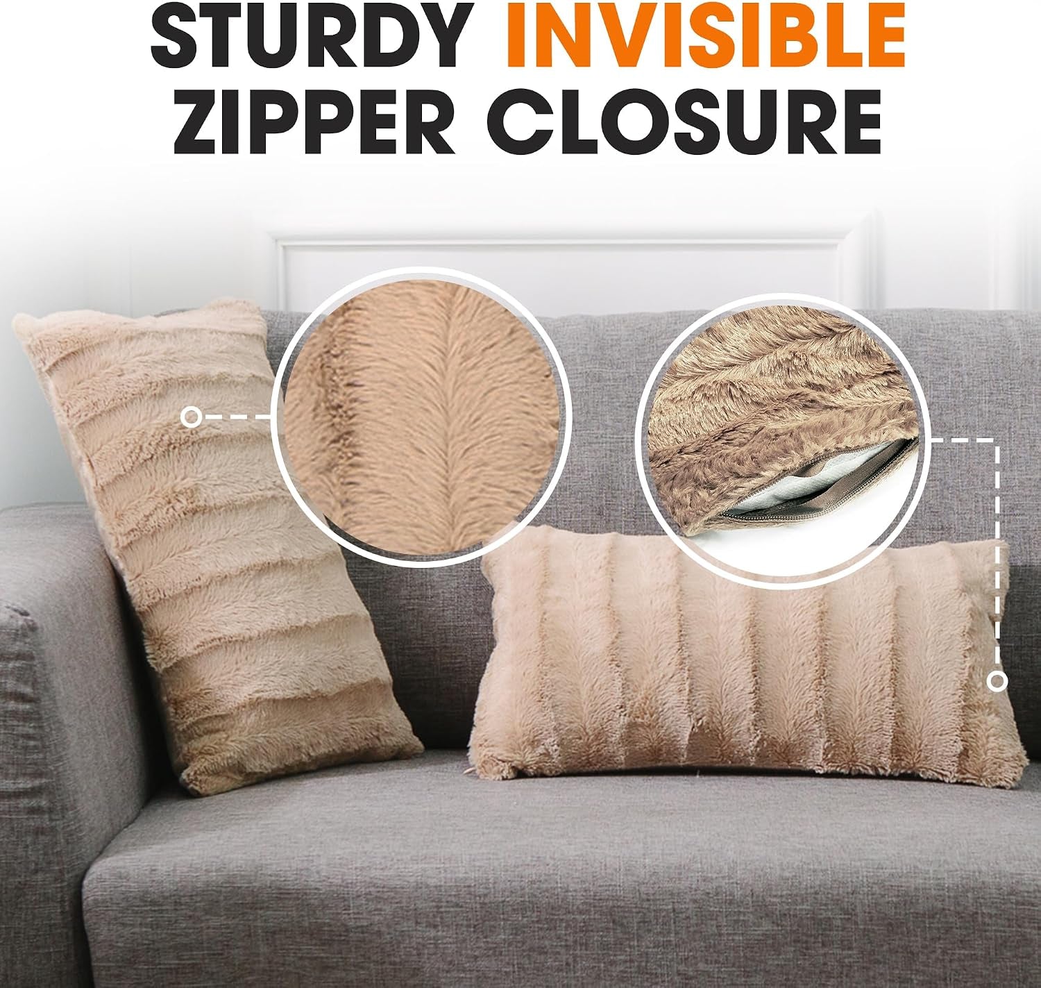Faux Fur Throw Pillows - Decorative Pillows for Couch, Bed Throw Pillows, Sand Accent Pillows for Bedroom or Living Room Aesthetic, Set of 2 Furry Throw Pillows, 12" X 20"