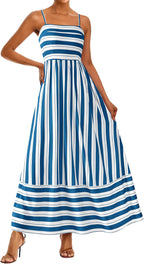Womens Boho Floral Striped Summer Maxi Dresses Spaghetti Strap | Summer 2026 Wedding Guest Beach Vacation Flowy Long Dress, Casual Square Neck Tiered Dress, Empire Waist a Line Dress Pockets