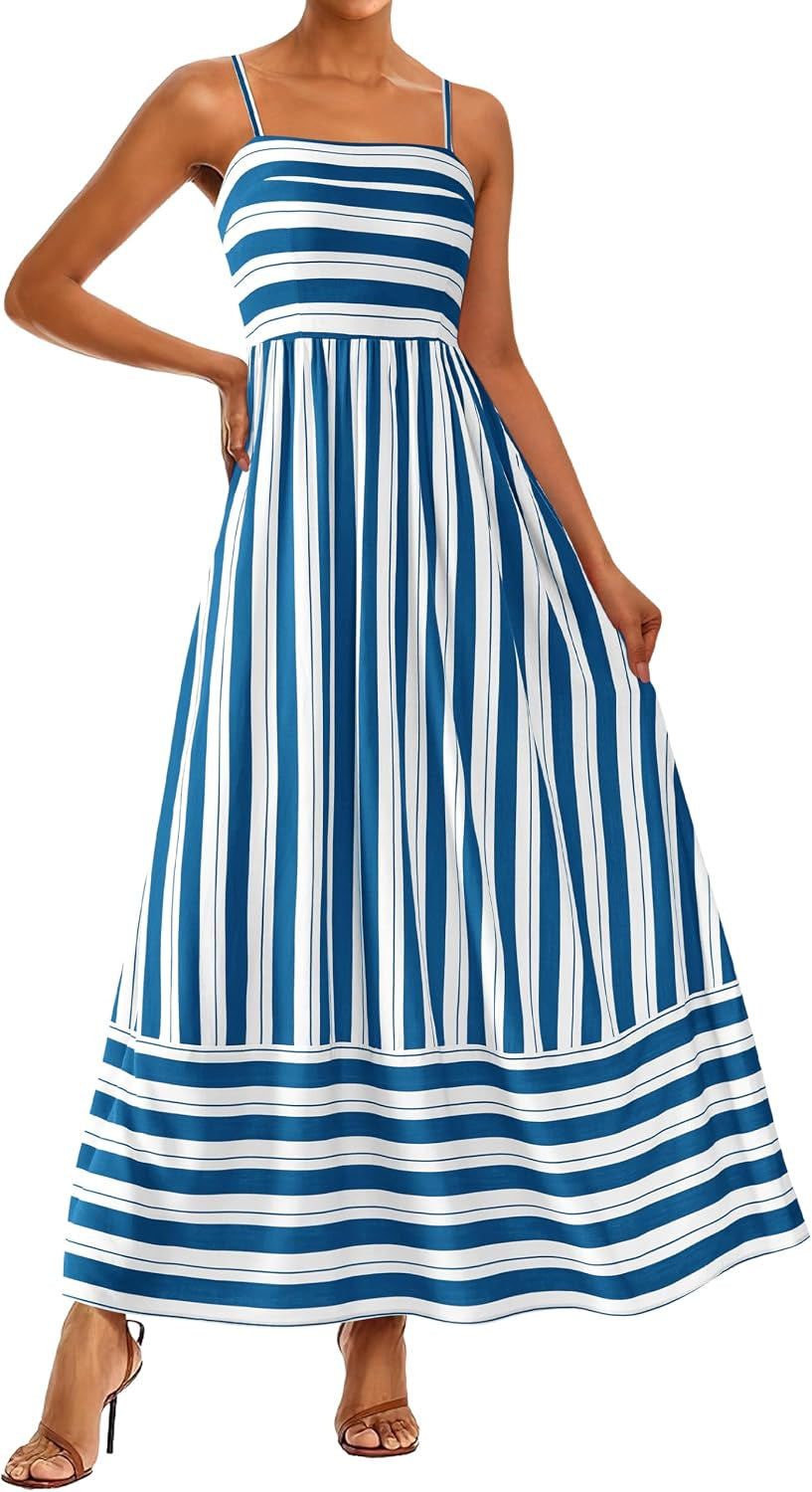 Womens Boho Floral Striped Summer Maxi Dresses Spaghetti Strap | Summer 2026 Wedding Guest Beach Vacation Flowy Long Dress, Casual Square Neck Tiered Dress, Empire Waist a Line Dress Pockets