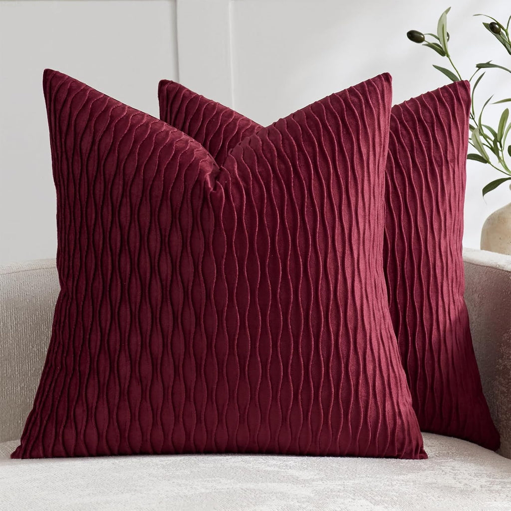 Burgundy Throw Pillow Covers: Pack of 2 24X24 Inch Vertical Ripple Striped Velvet Square Decorative Pillow Cases for Farmhouse Couch Sofa Bed Living Room Home Decor
