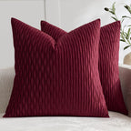 Burgundy Throw Pillow Covers: Pack of 2 24X24 Inch Vertical Ripple Striped Velvet Square Decorative Pillow Cases for Farmhouse Couch Sofa Bed Living Room Home Decor