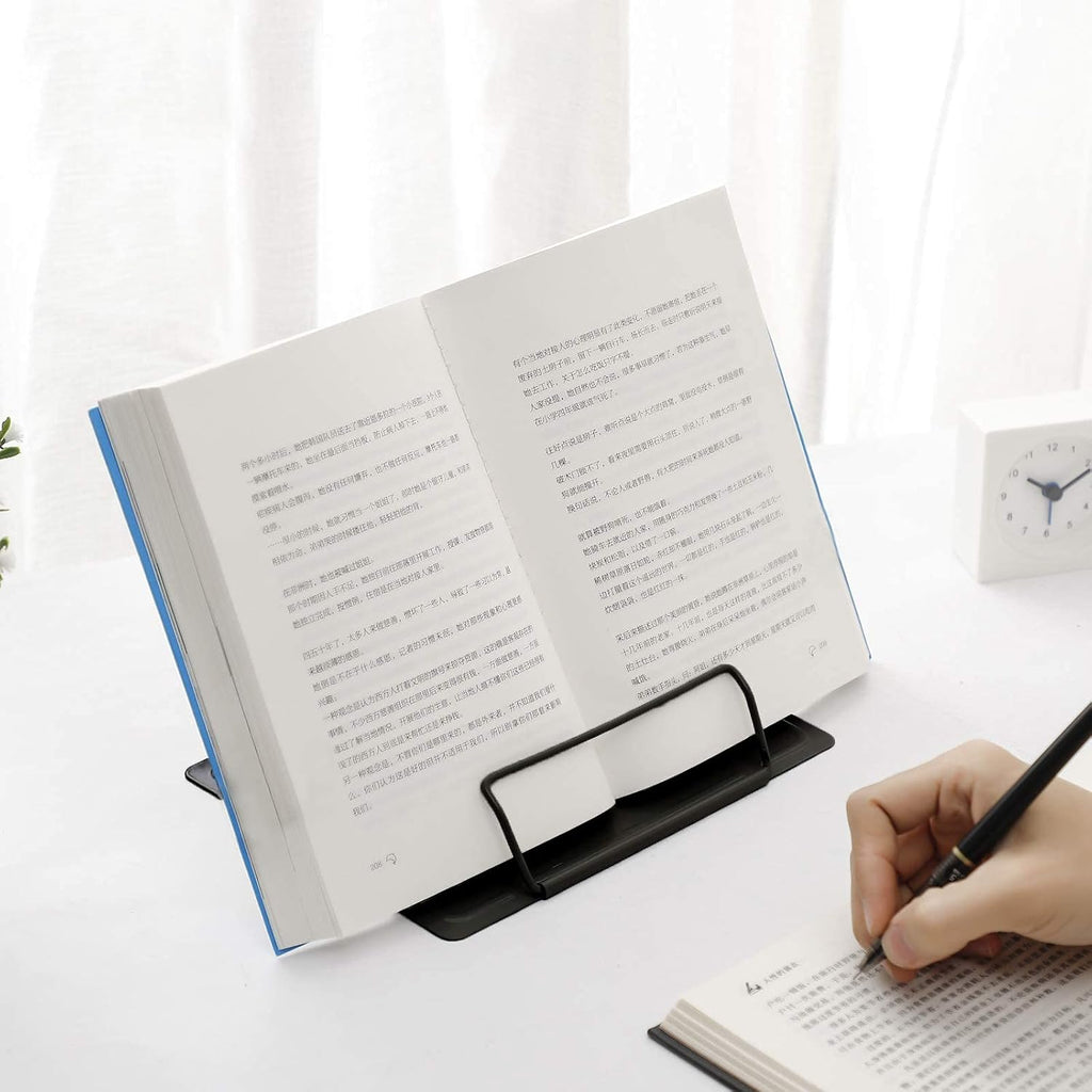 1PC Desk Book Stand Metal Reading Rest Book Holder, Cookbook Holder | Adjustable Documents Holder Portable Sturdy Bookstands for Recipes Textbooks Tablet Music Books with Page Clips (Black)