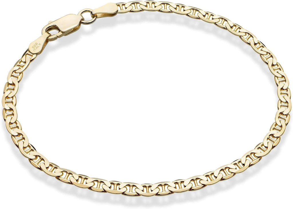 Italian Solid 925 Sterling Silver, 18Kt Gold Plated 3Mm, 4Mm Solid Mariner Link Chain Bracelet for Men Women, Made in Italy