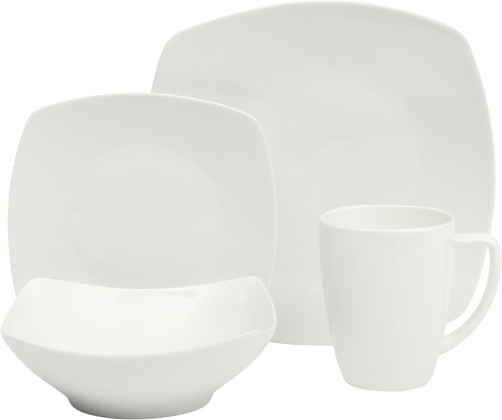 Zen Buffet White Porcelain Dinnerware Set for 4, Square Plates Bowls and Mugs, Chip and Scratch Resistant, Dishwasher and Microwave Safe, 16 Piece