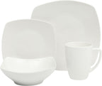Zen Buffet White Porcelain Dinnerware Set for 4, Square Plates Bowls and Mugs, Chip and Scratch Resistant, Dishwasher and Microwave Safe, 16 Piece