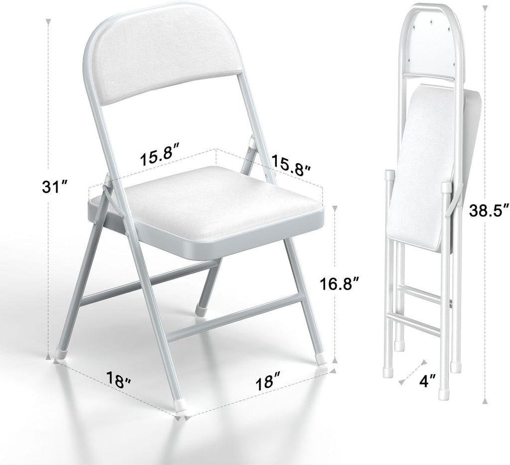 Folding Chairs with Padded Vinyl Cushion Chairs with Comfortable Cushion and Durable Steel Frame for Home and Office, for Indoor and Outdoor Events (White, Vinyl, 4 Pack)
