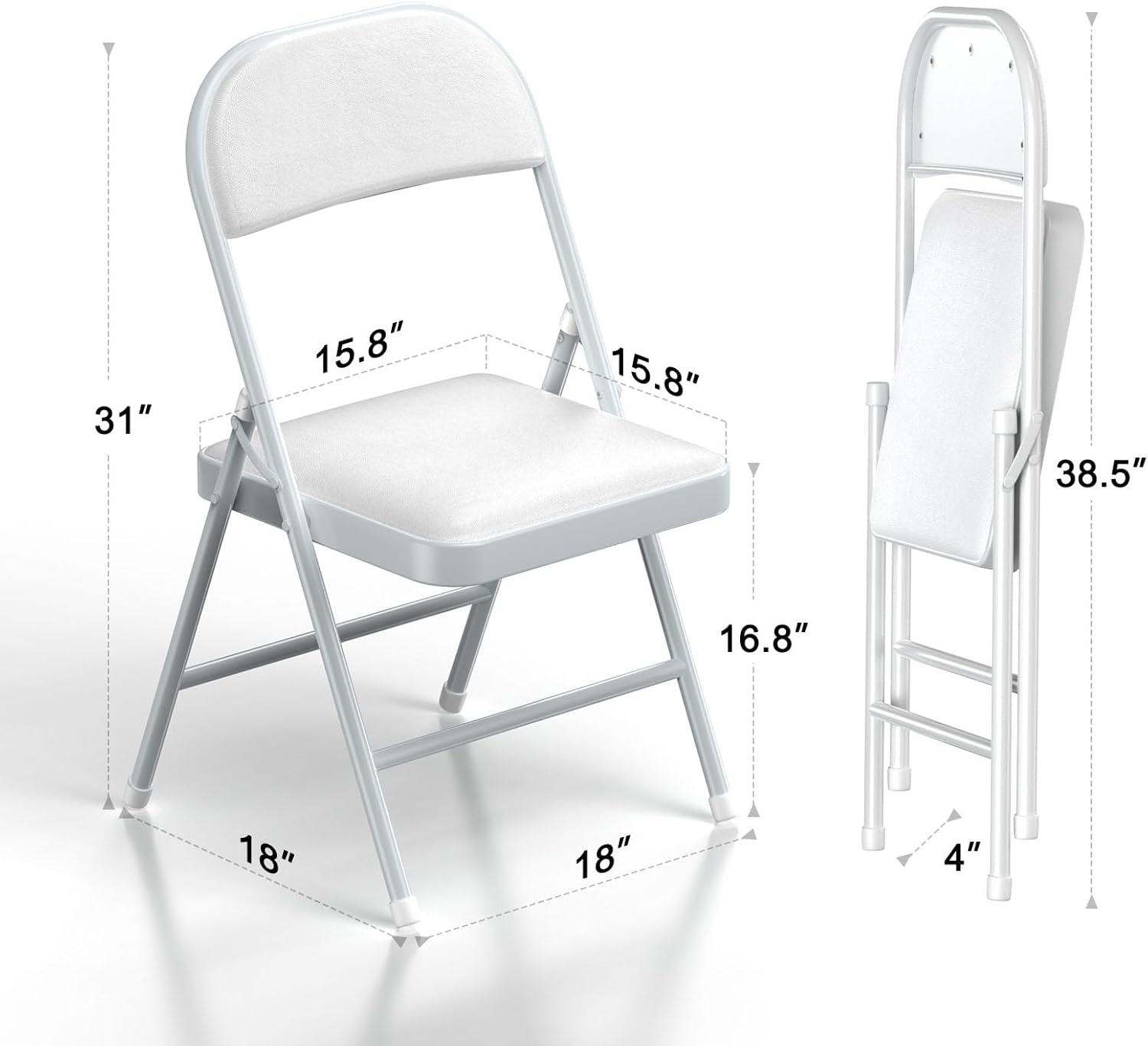Folding Chairs with Padded Vinyl Cushion Chairs with Comfortable Cushion and Durable Steel Frame for Home and Office, for Indoor and Outdoor Events (White, Vinyl, 4 Pack)