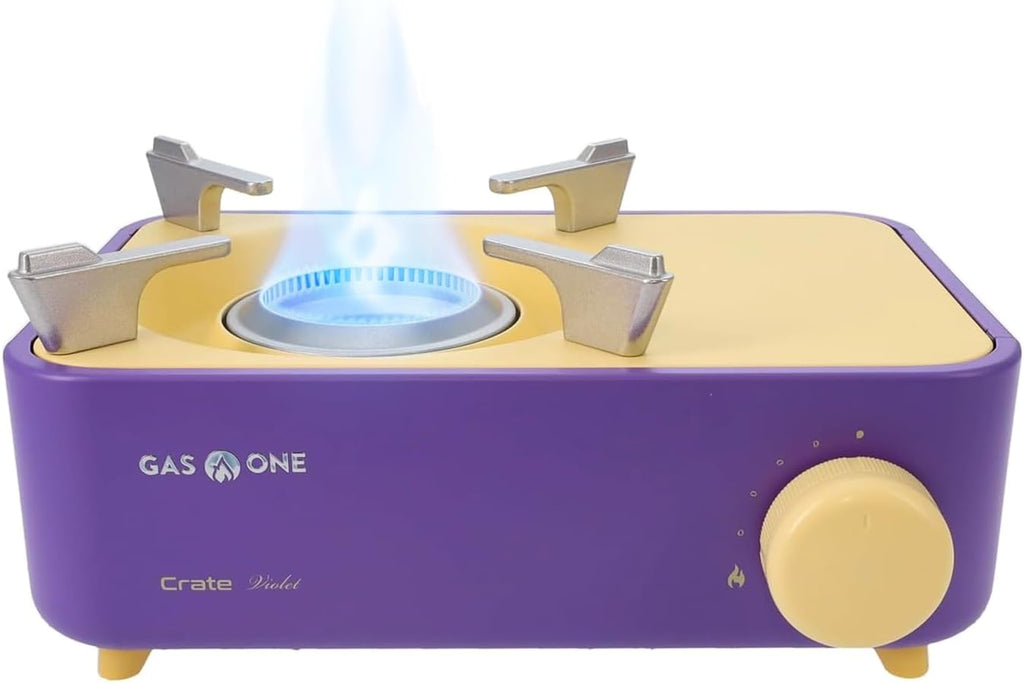 Butane Fuel Camp Stove – Crate Series - Mini Stove for Camping, Hiking – Portable Gas Stove with Spiral Flame – Even Heat Distribution – Modern and Easy to Use (Violet)
