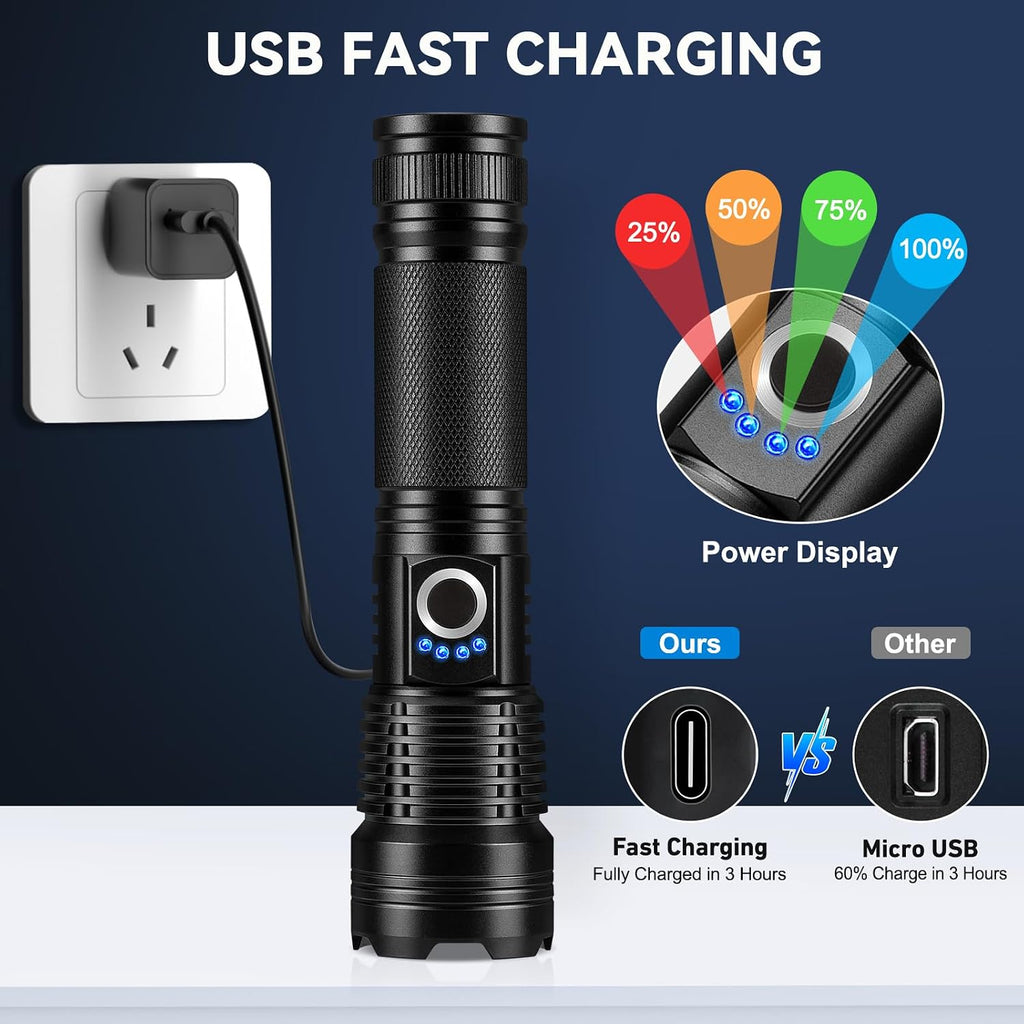 3 Pack Rechargeable Flashlights High Lumens, 990000Lm Super Bright Handheld Flash Light with Power Display, 15H Runtime, IPX7 Waterproof, Zoomable 5 Modes for Outdoor Survival & Camping