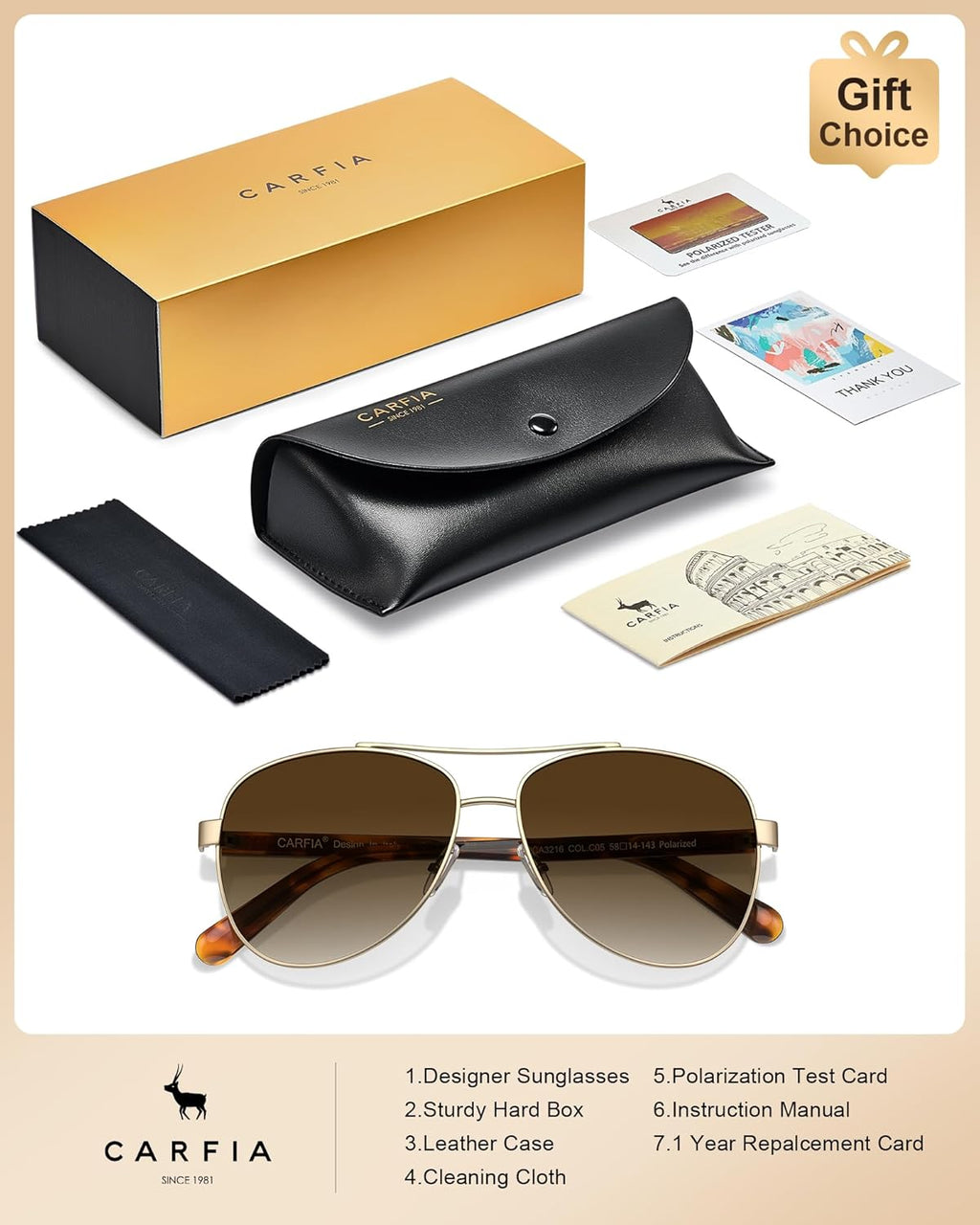 Polarized Sunglasses for Women UV400 Protection CA3216 | Handcrafted Acetate, Nickel-Free Metal Frame, Elegant Design, Shatterproof Lenses, Includes Leather Case, for Driving, Daily