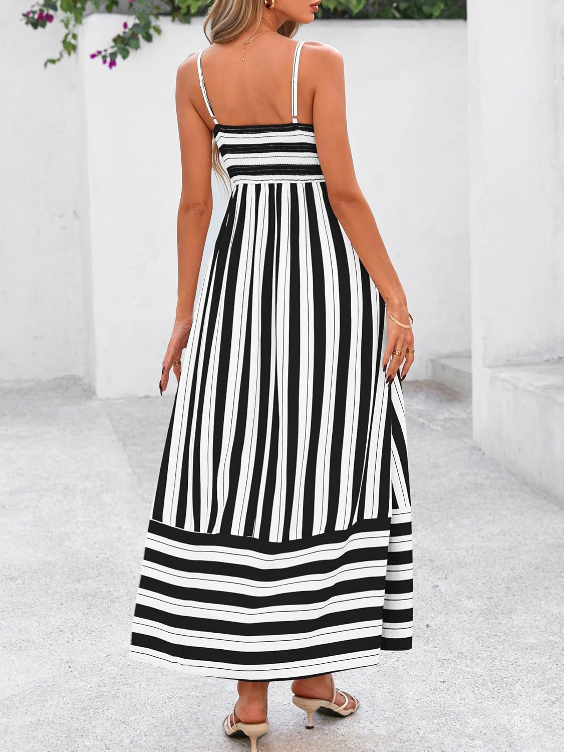 Womens Boho Floral Striped Summer Maxi Dresses Spaghetti Strap | Summer 2026 Wedding Guest Beach Vacation Flowy Long Dress, Casual Square Neck Tiered Dress, Empire Waist a Line Dress Pockets
