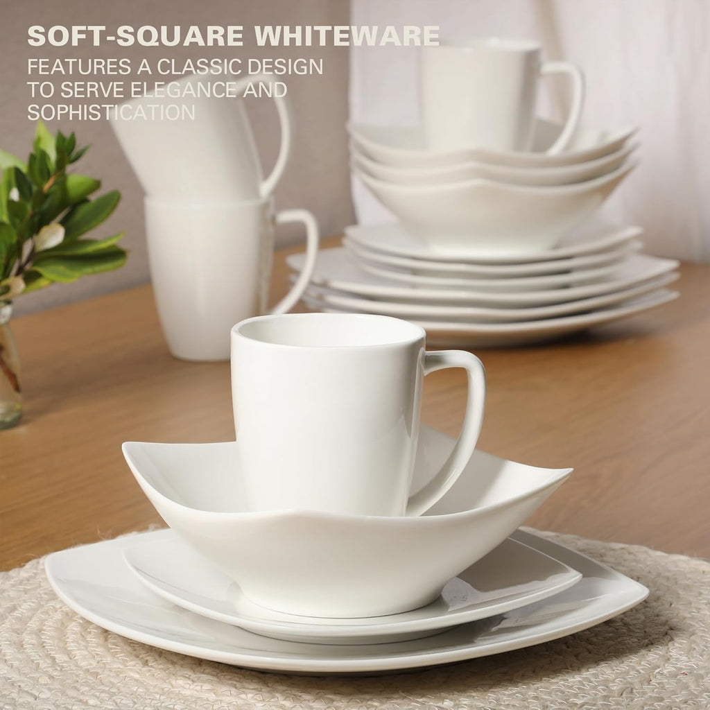 Zen Buffet White Porcelain Dinnerware Set for 4, Square Plates Bowls and Mugs, Chip and Scratch Resistant, Dishwasher and Microwave Safe, 16 Piece